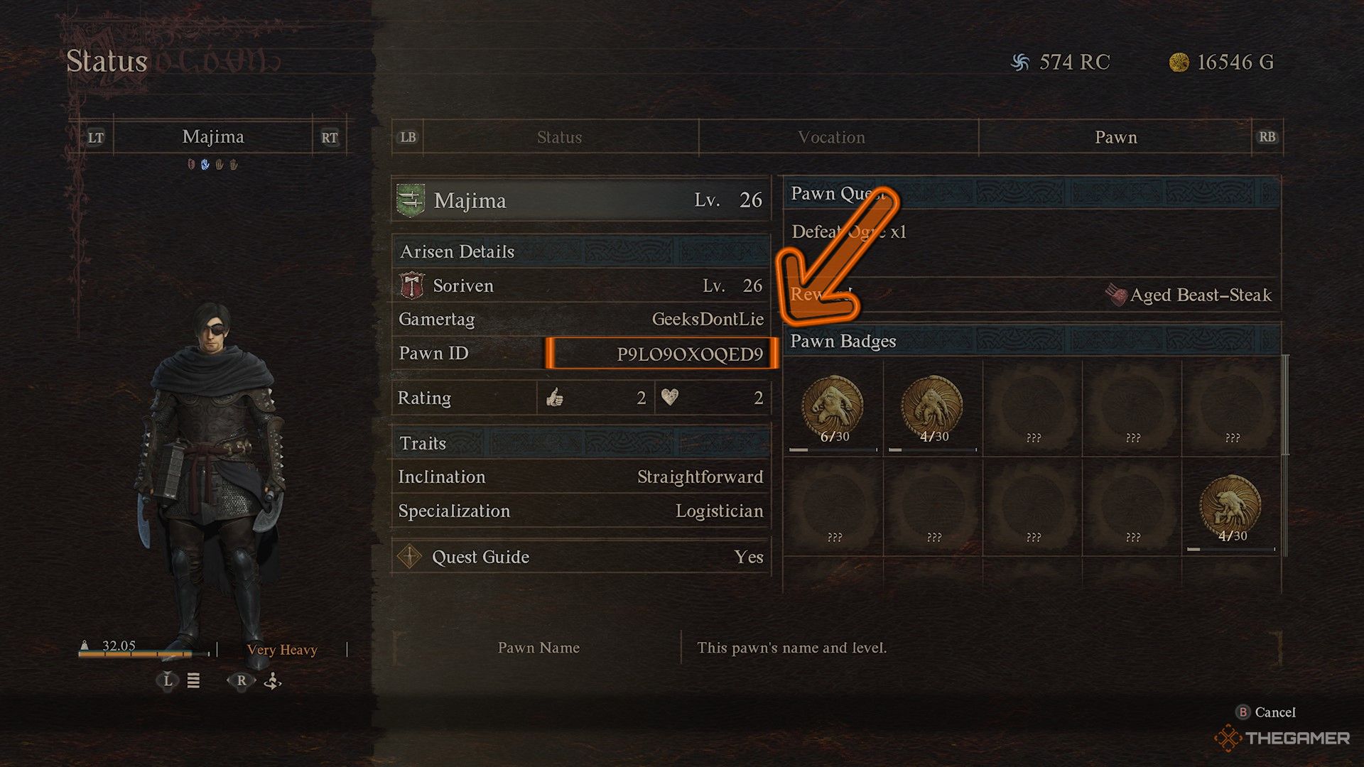 The pawn menu with the Pawn ID highlighted in Dragon's Dogma 2.
