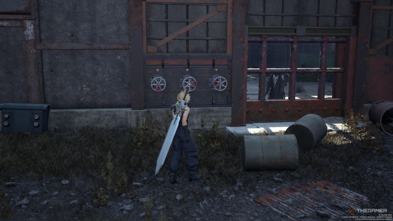 A player standing near a set of three valves next to a locked door in Final Fantasy 7 Rebirth.