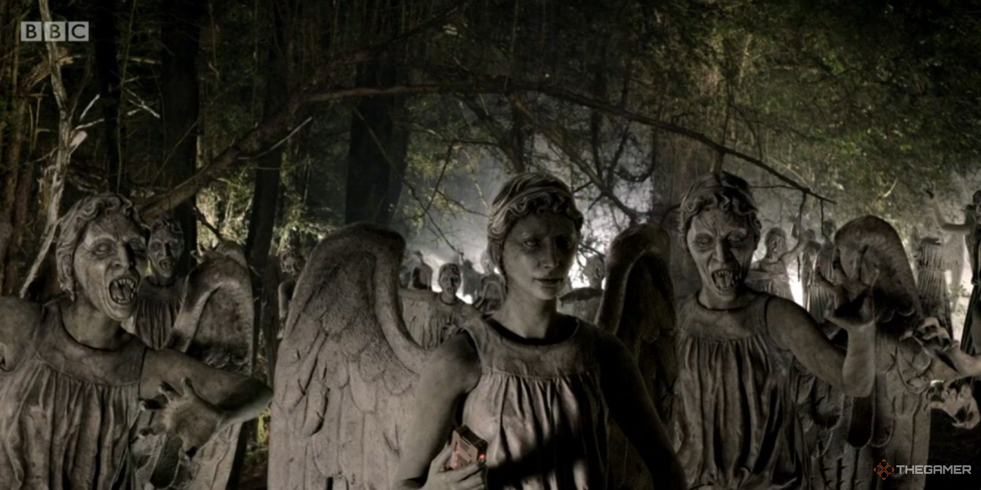 An image of a group of Weeping Angels from the Doctor Who episode Flesh and Stone