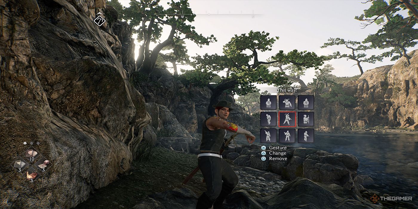 The protagonist uses a gesture communicating others to follow him while traversing a river in Rise Of The Ronin.