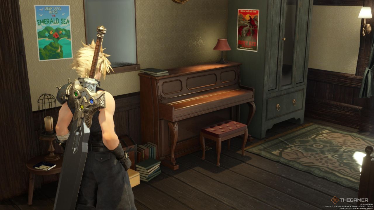A player standing near Tifa's piano in Nibelheim in Final Fantasy 7 Rebirth.