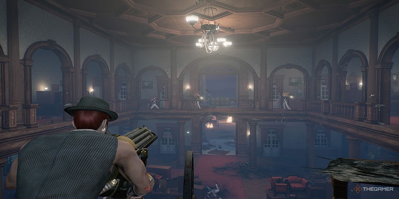 The protagonist lets loose a barrage of bullets from a gatling gun, piercing through US soldiers, during a battle inside the US Consulate lobby in Rise Of The Ronin.
