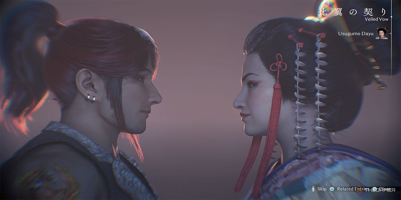 The protagonist and Usugumo Dayu look each other in the eyes as they establish a Veiled Vow in Rise Of The Ronin.