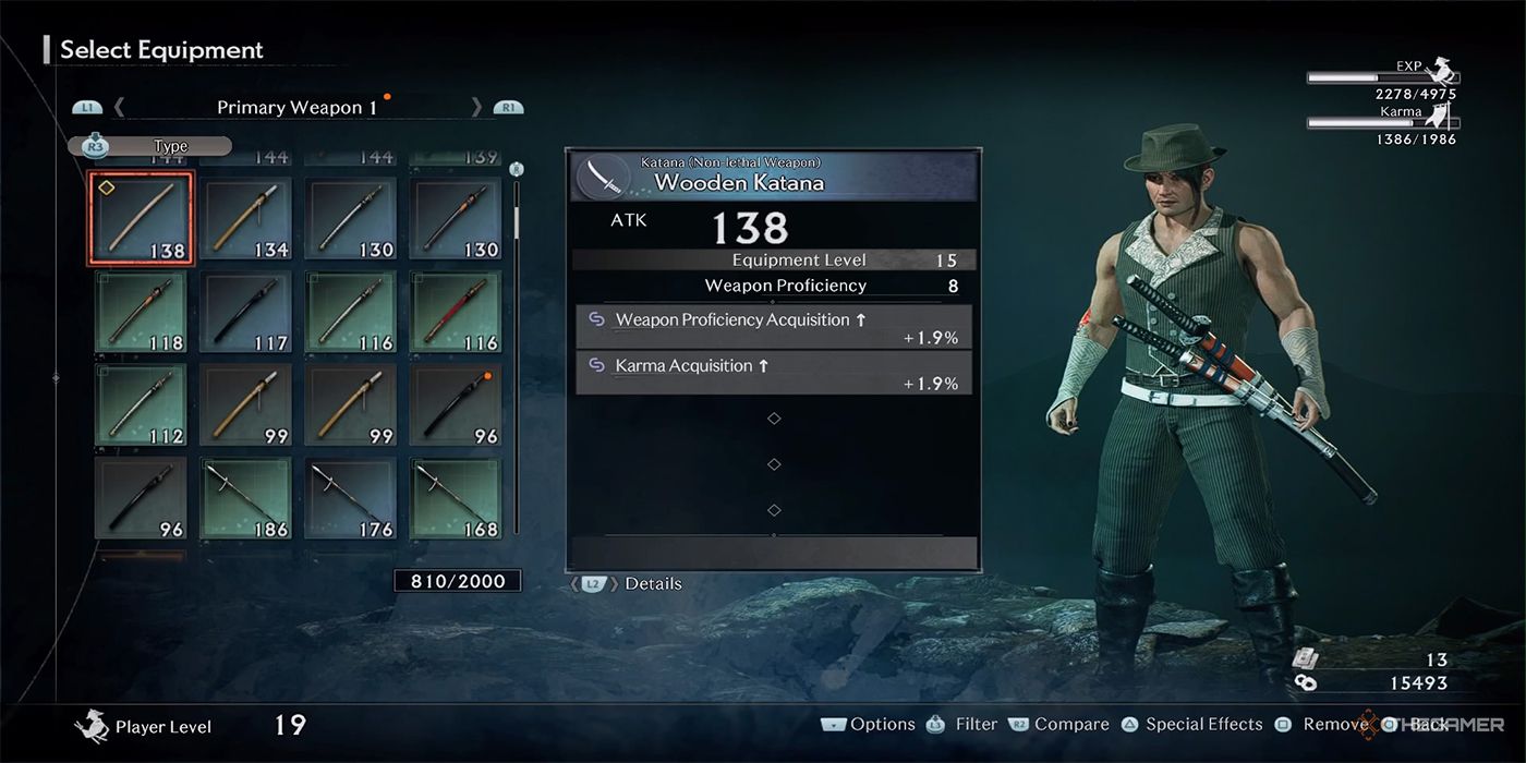The Wooden Katana as displayed in Rise Of The Ronin's Equipment menu.
