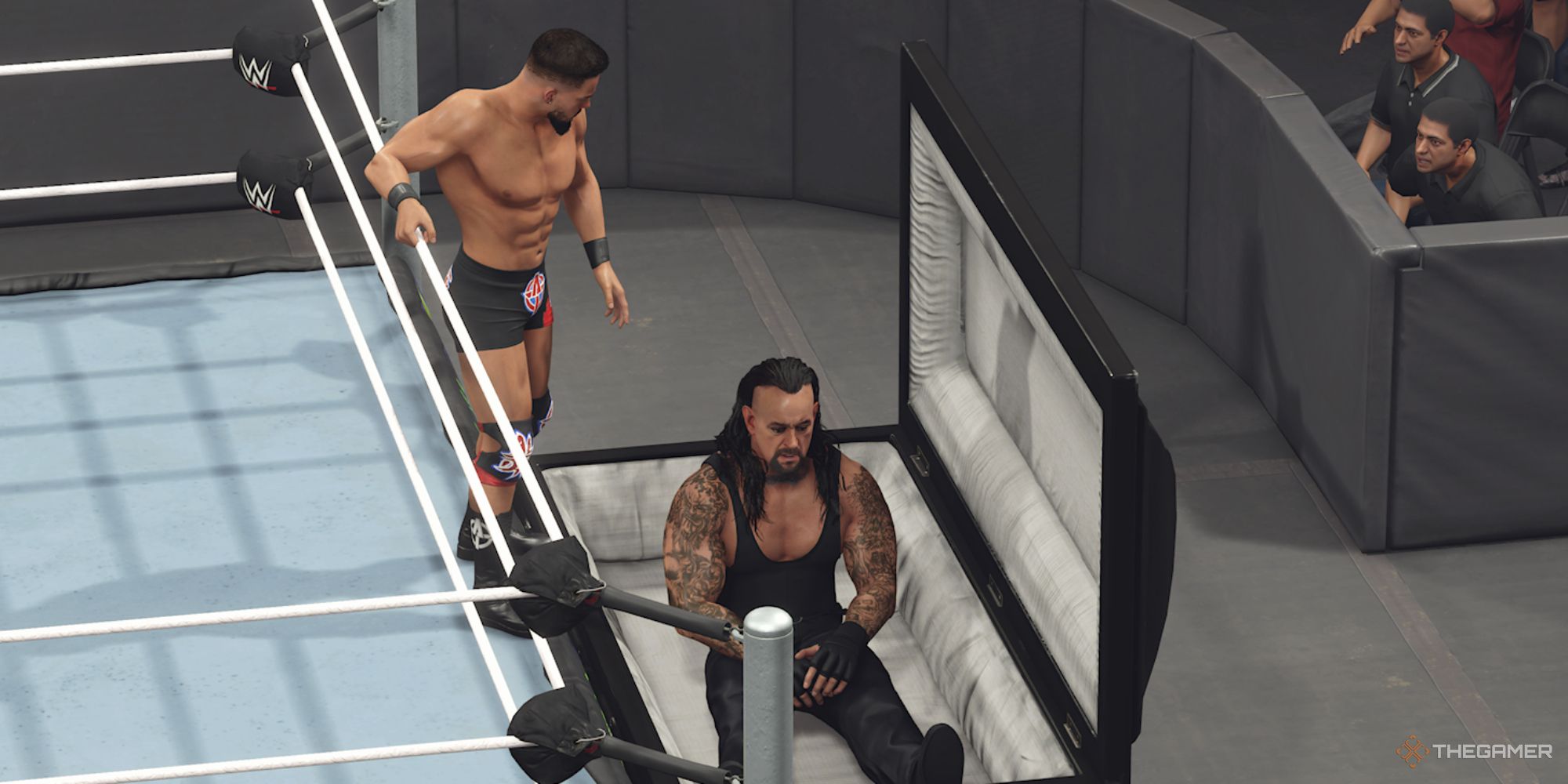 WWE 2K24 Best Match Types Featured Image Of Austin Theory and The Undertaker Casket Match