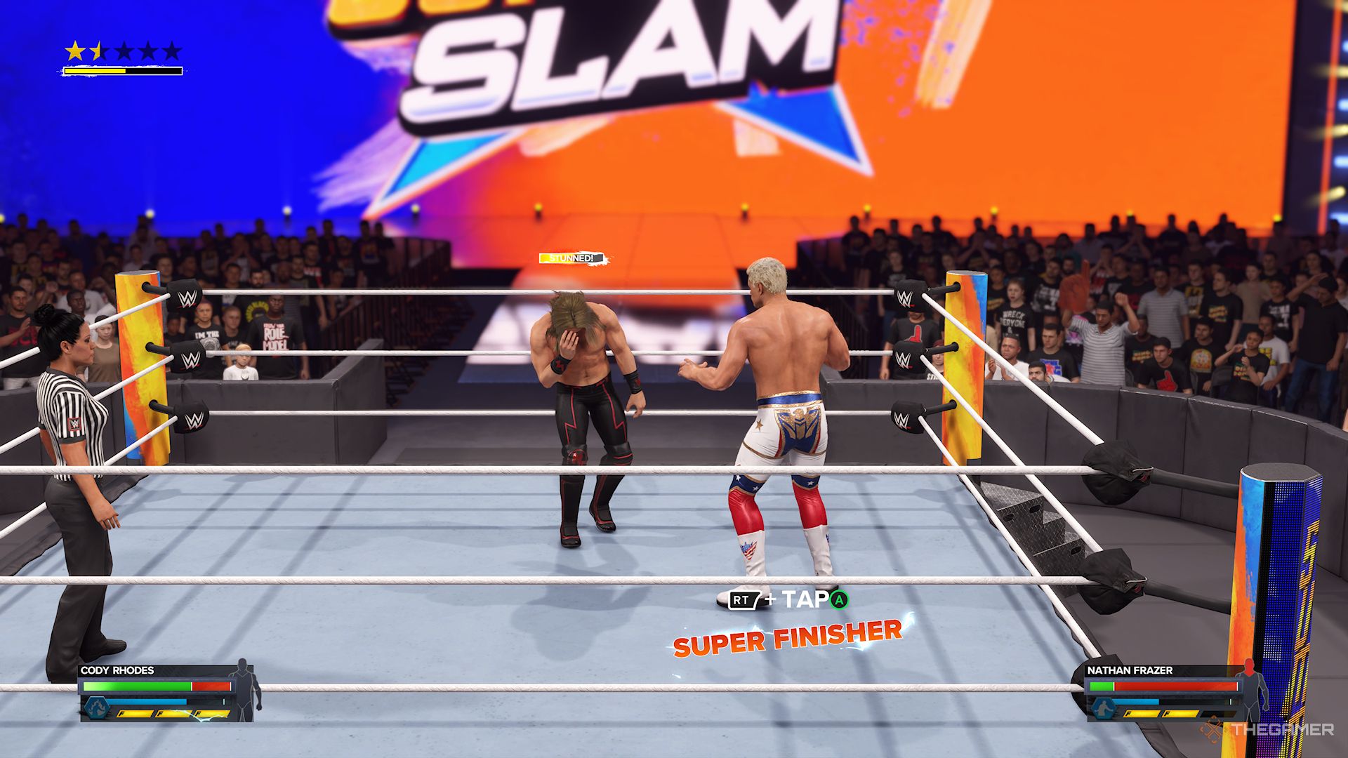 Code Rhodes about to use a super finisher on Nathan Frazer in WWE 2K24.