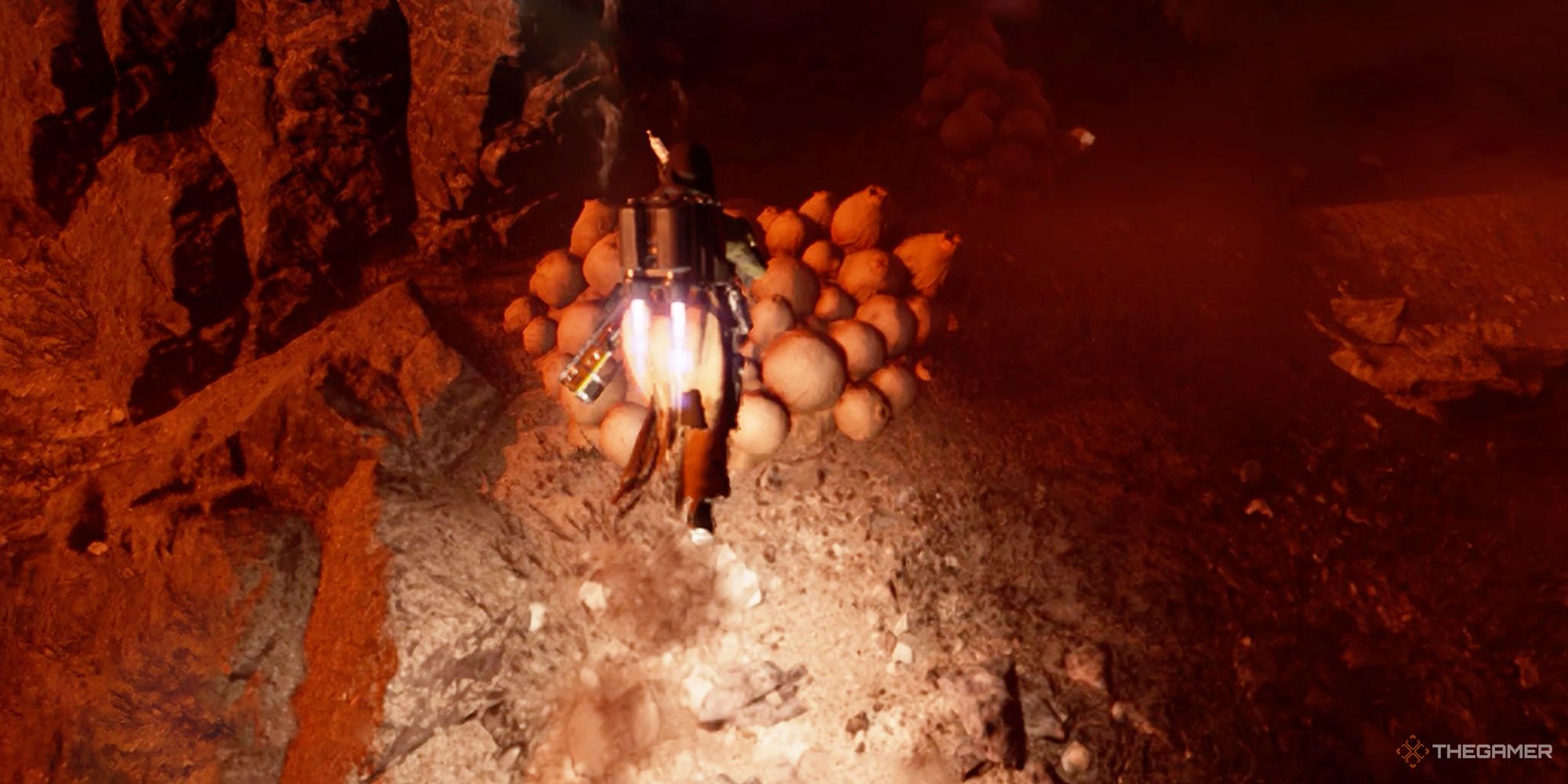 A player jumping over mushroom like plants using the Jump Pack in Helldivers 2