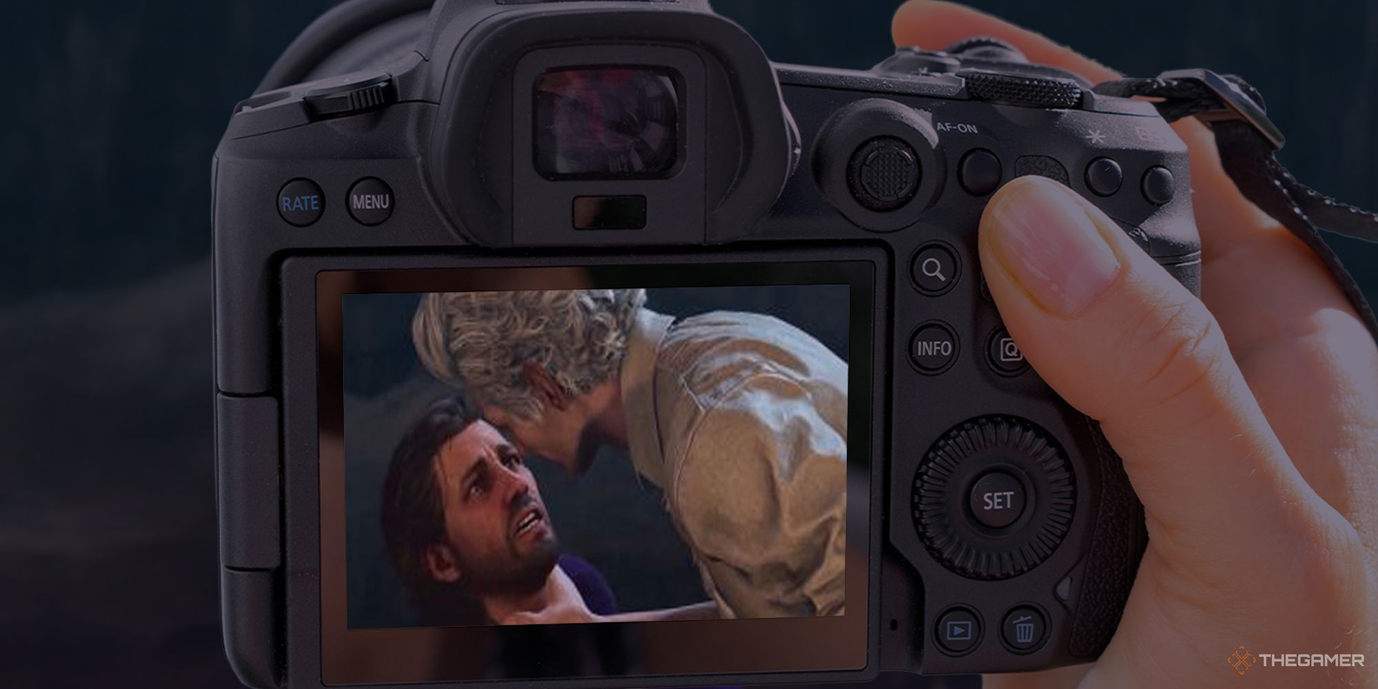 Baldurs Gate 3 Astarion choking Gale while someone snaps a pic