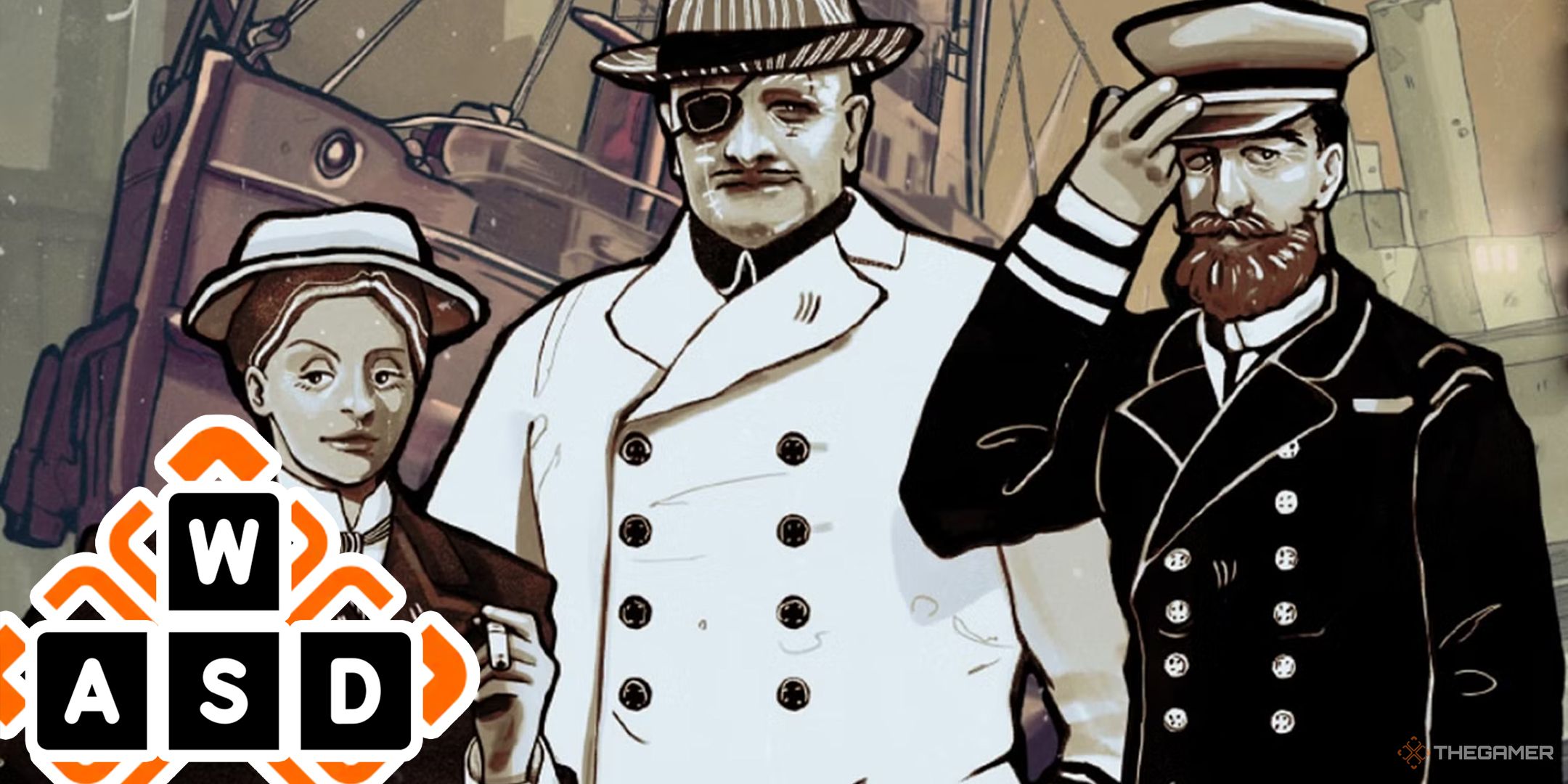 Bootleg Steamer key artwork of three captains with the WASD logo overlaid on top.