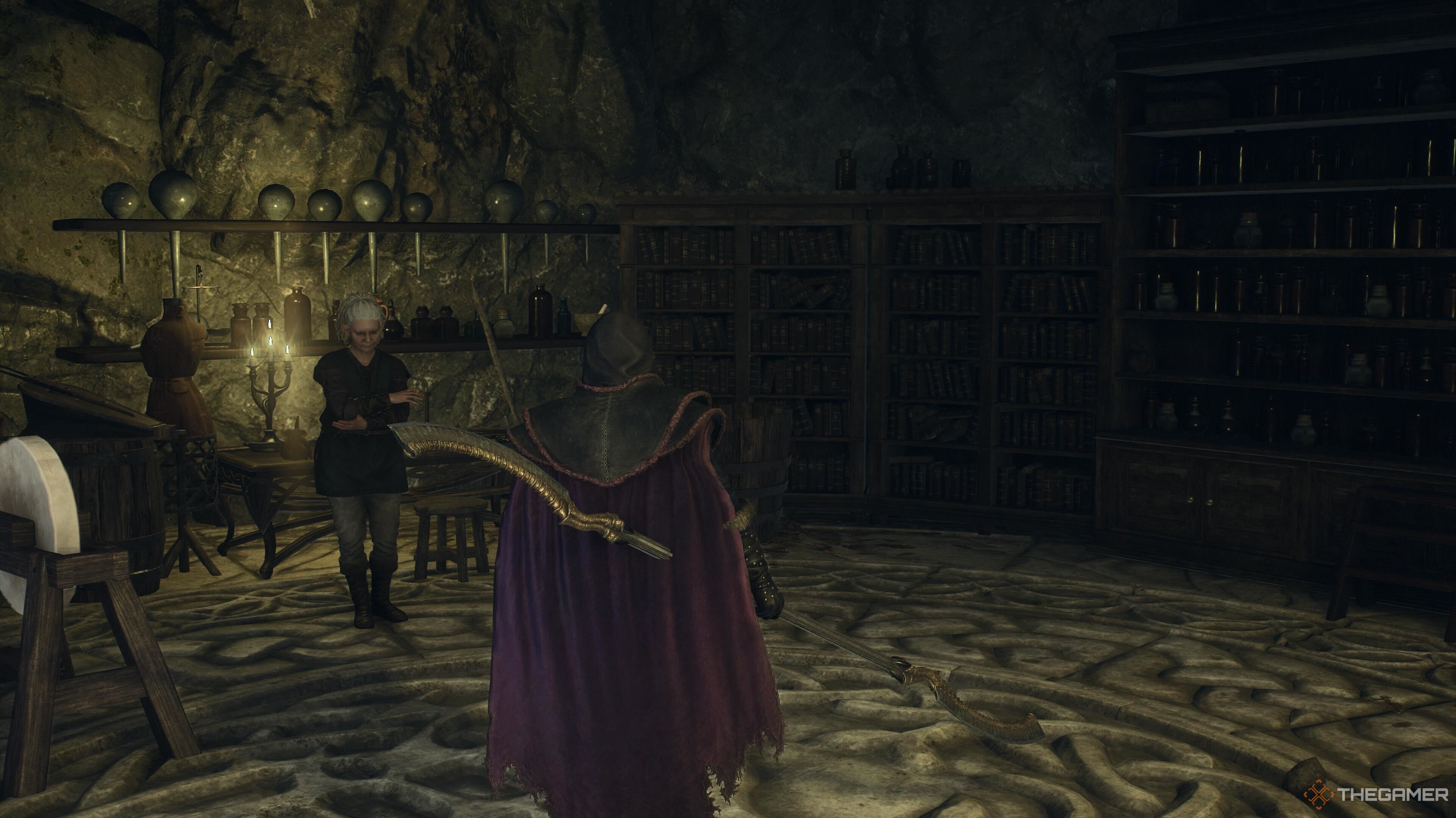 A screenshot from Dragon's Dogma 2 showing the player character standing in the middle of Grisha's Armory in the elven village.