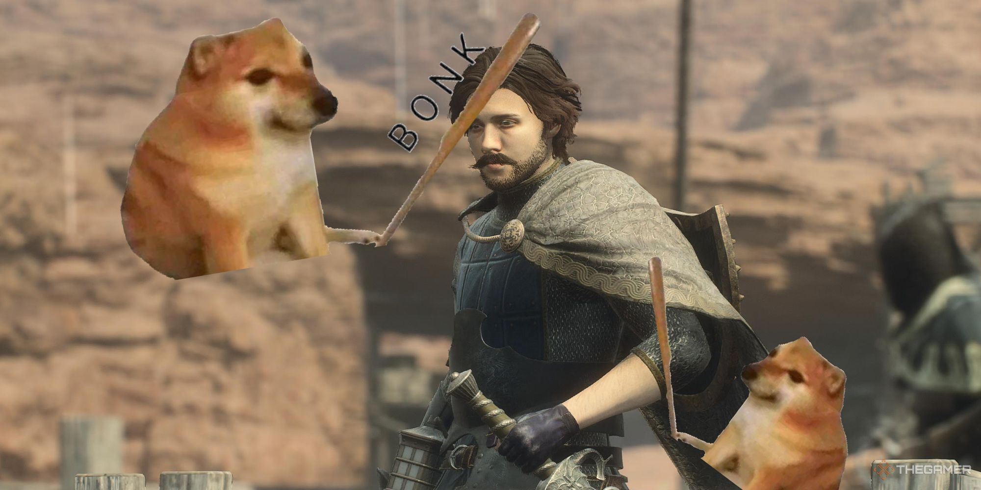 Dragons Dogma 2 player getting bonked by two doge with baseball bats
