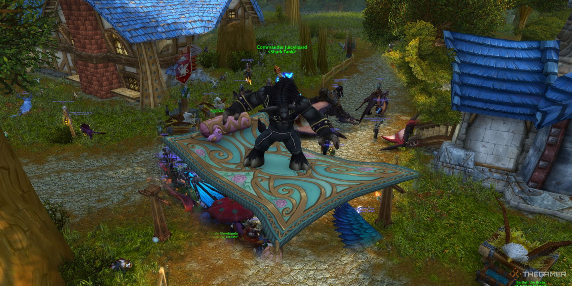 A player riding the Noble Flying Carpet Mount in Elwynn Forest.