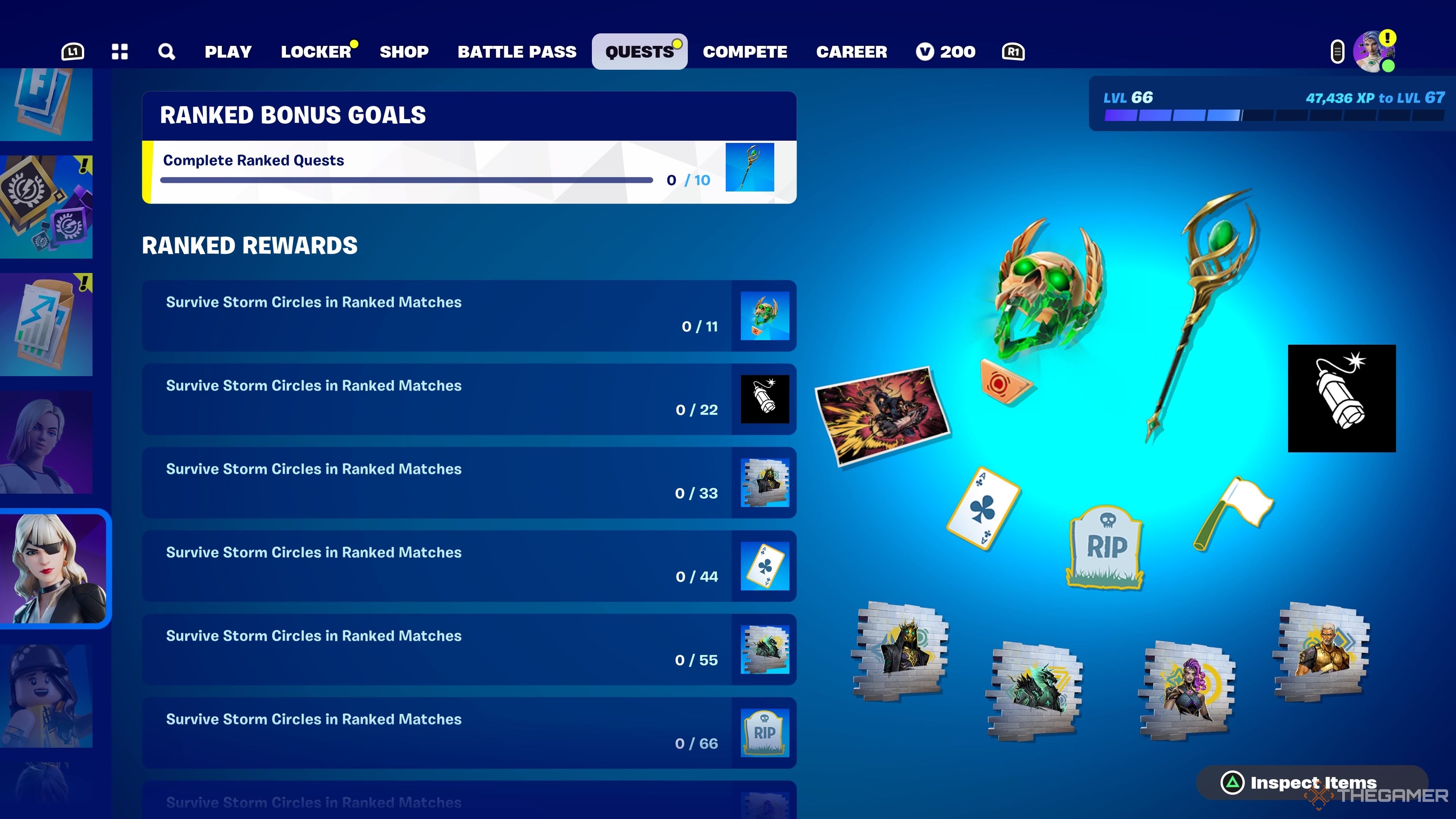 A screenshot from Fortnite showing the Chapter Five, season two Ranked quests that tell players to Survive Storm Circles
