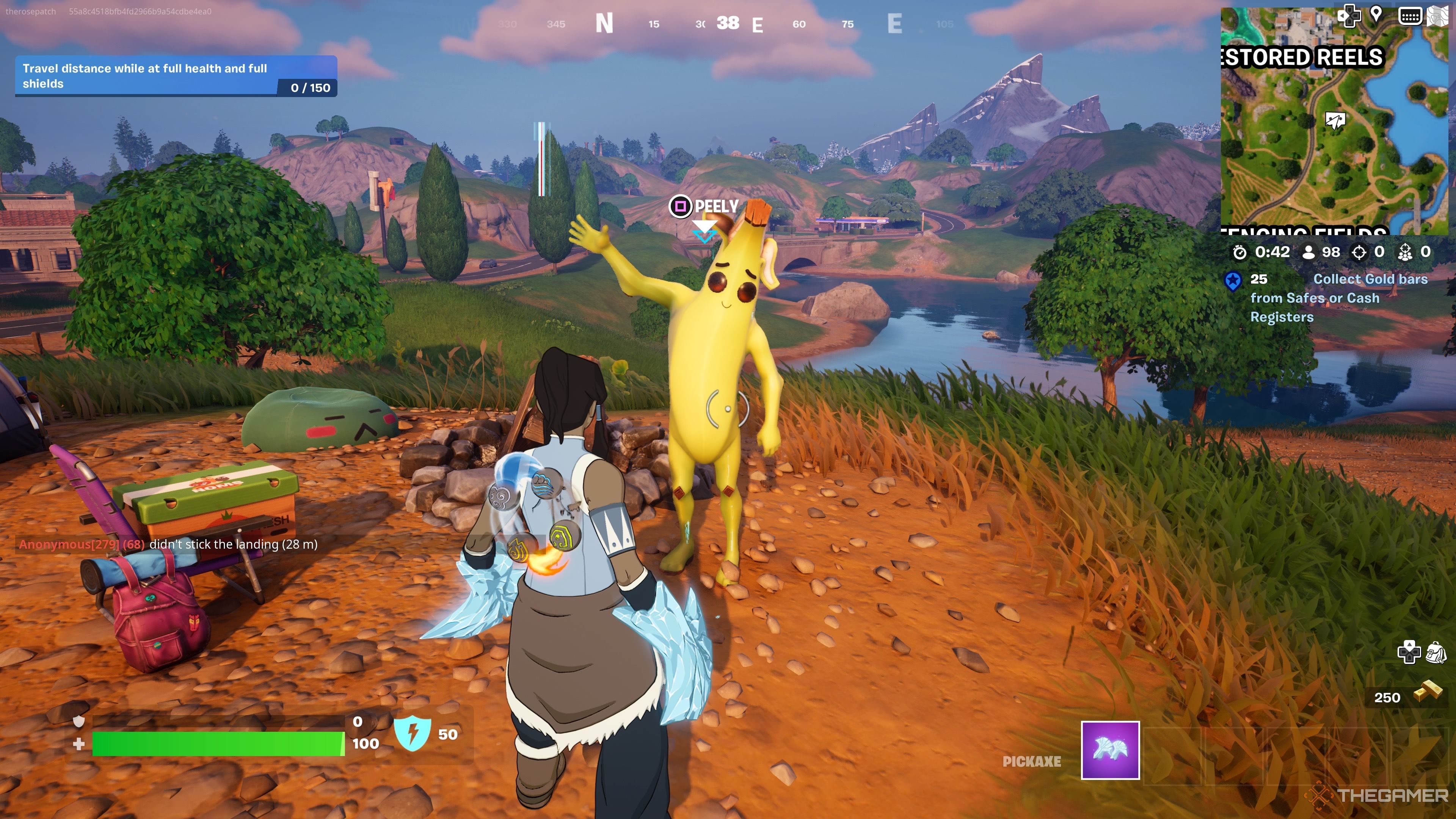 Talking to Peely south of Restored Reels at his tent in Fortnite Chapter 5 Season 2.