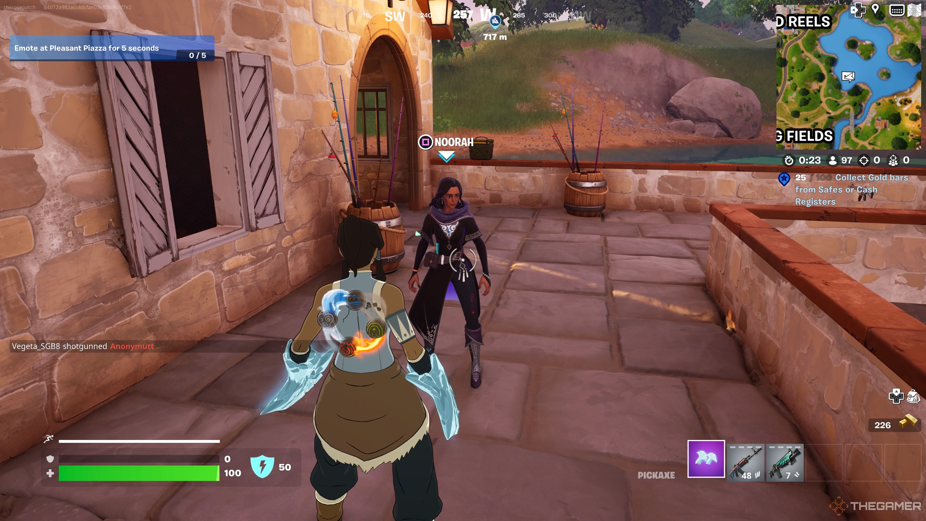 Talking to Noorah on the pier near Fencing Fields in Fortnite Chapter 5 Season 2