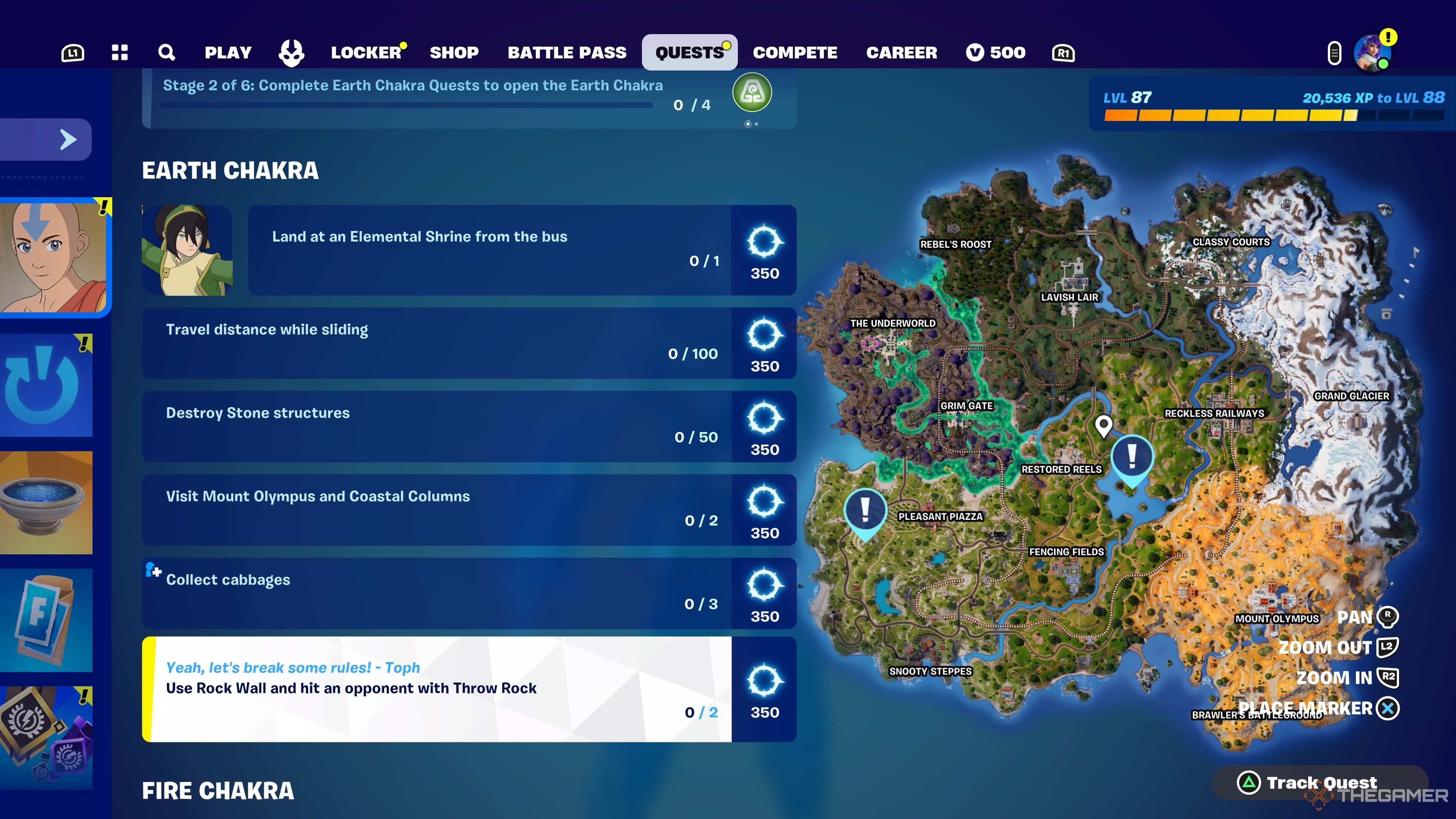 Screenshot showing the Earth Chakra Quests in Fortnite Chapter 5 Season 2. 