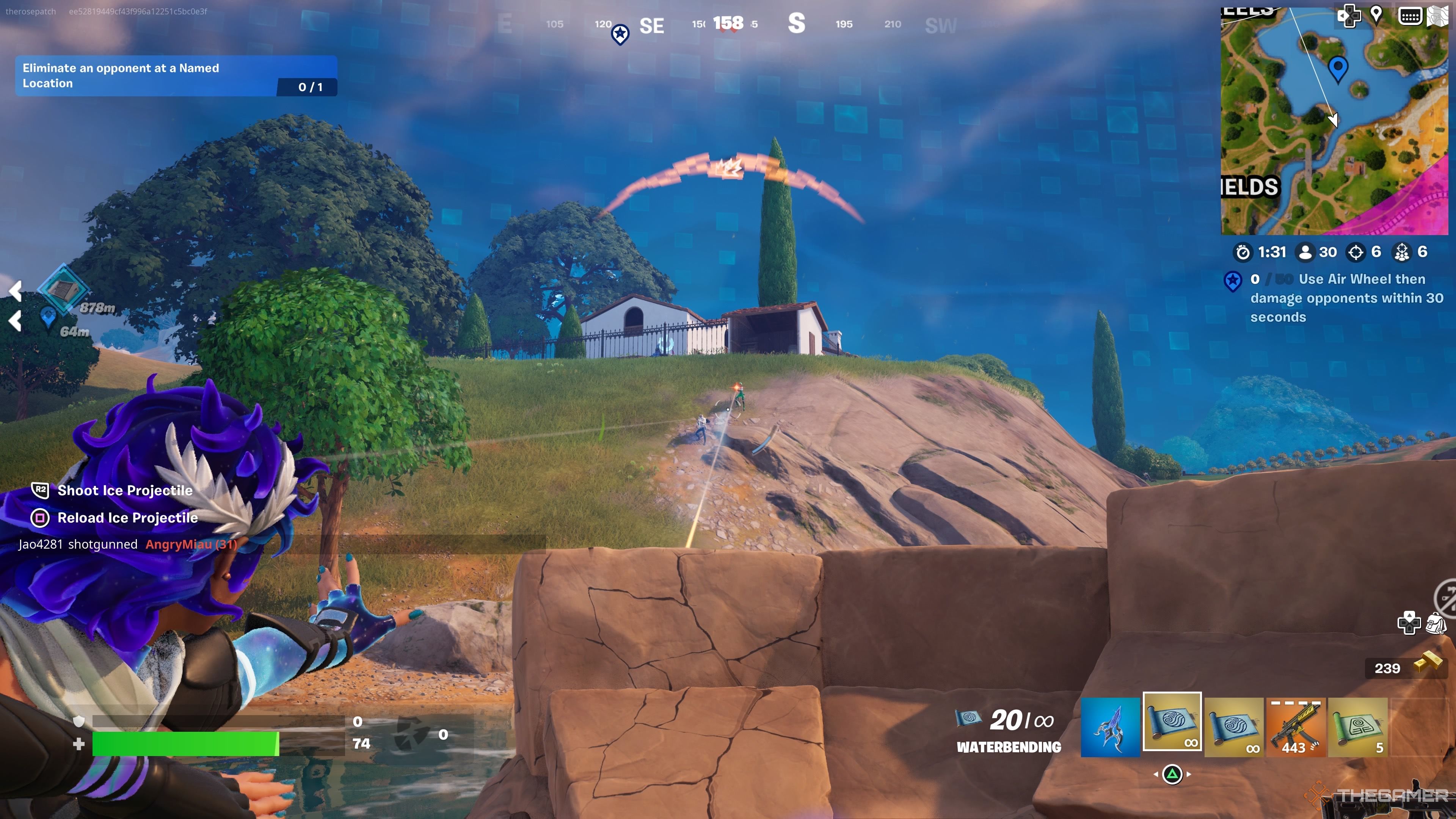 Shooting enemy players behind a rock wall in Fortnite Chapter 5 Season 2.