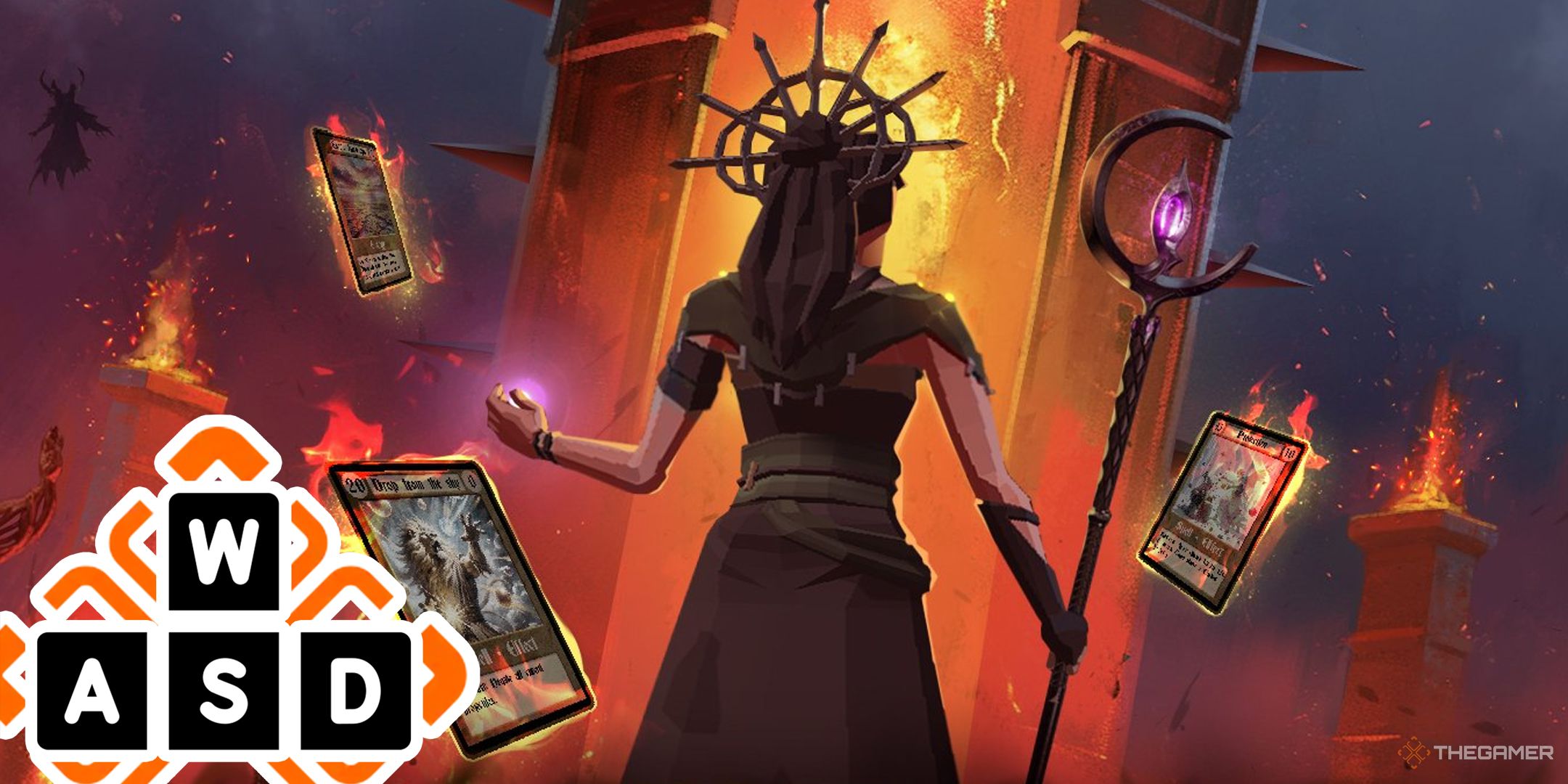 Inferni Hope and Fear key artwork showing a woman with her back to the viewer and cards all around her with the WASD logo overlaid in the corner.