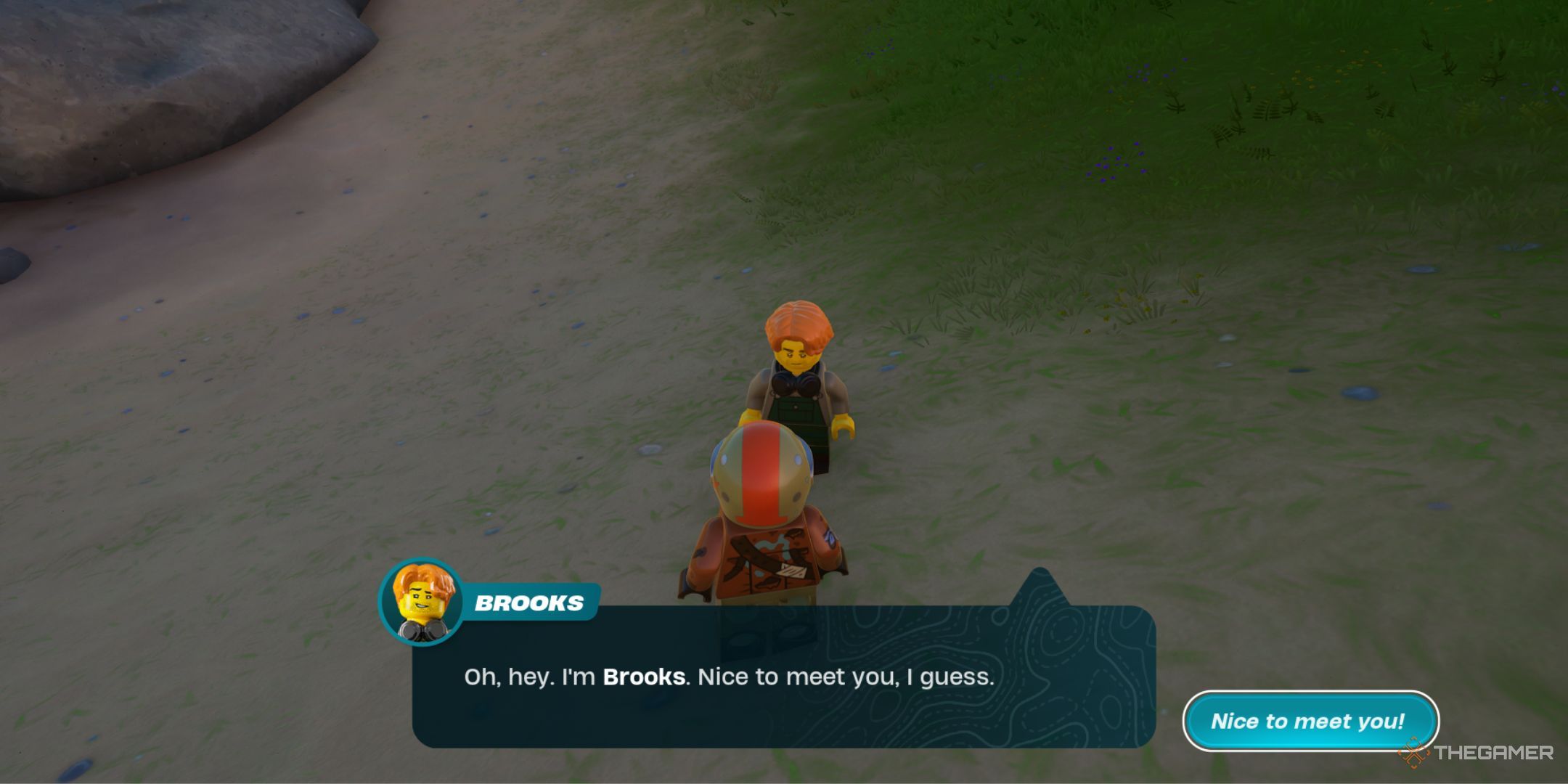 A player talking with Brooks, an NPC with orange, parted hair, and dapper clothing.