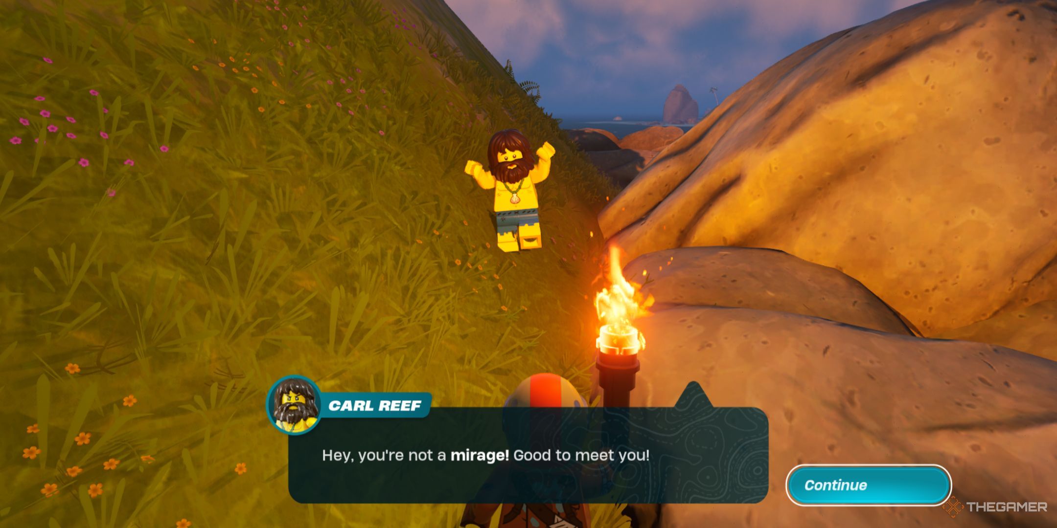 A player talking with Carl Reef, an NPC with tattered pants, a shell necklace, and scruffy, overgrown hair.
