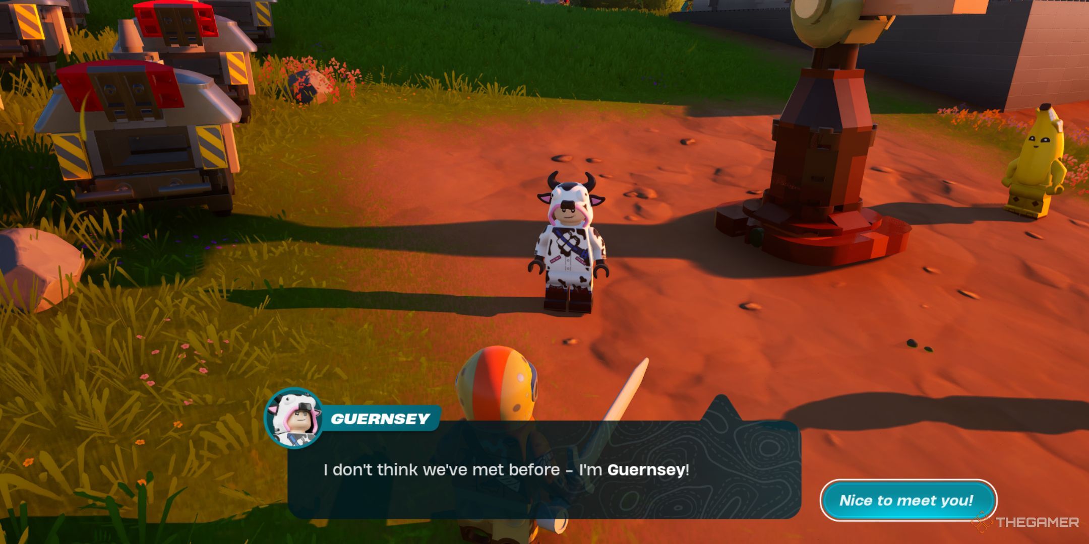 A player talking with Guernsey, an NPC wearing a black and white cow costume.