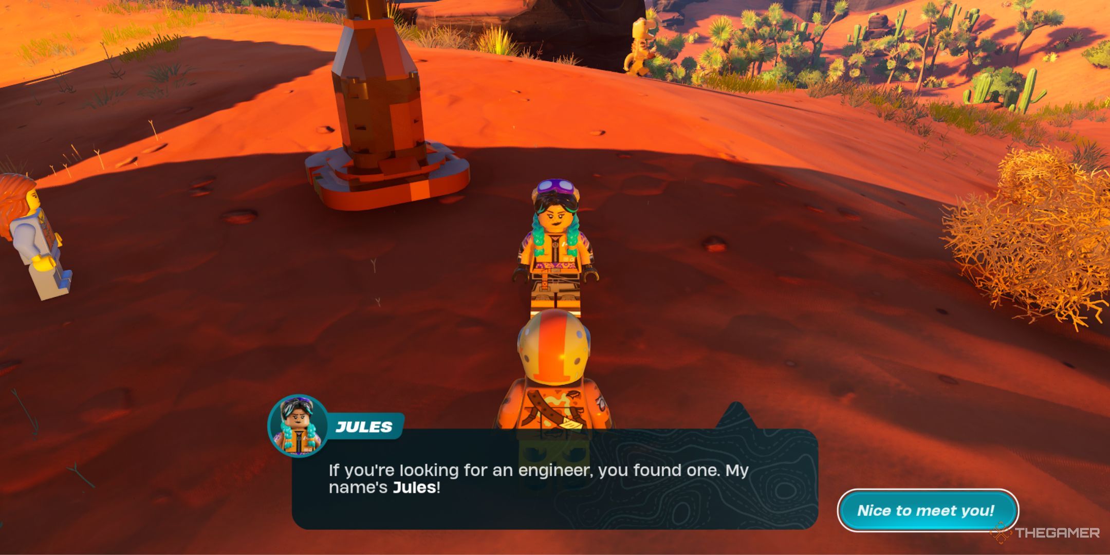 A player talking with Jules, an NPC with teal, braided hair, goggles, and a mechanic outfit.