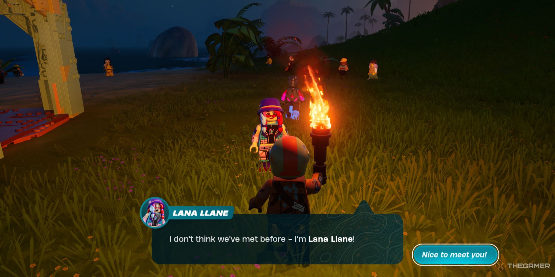 A player talking with Lana Llane, an NPC with long, multicolored hair, a bowler hat, and layered clothing.
