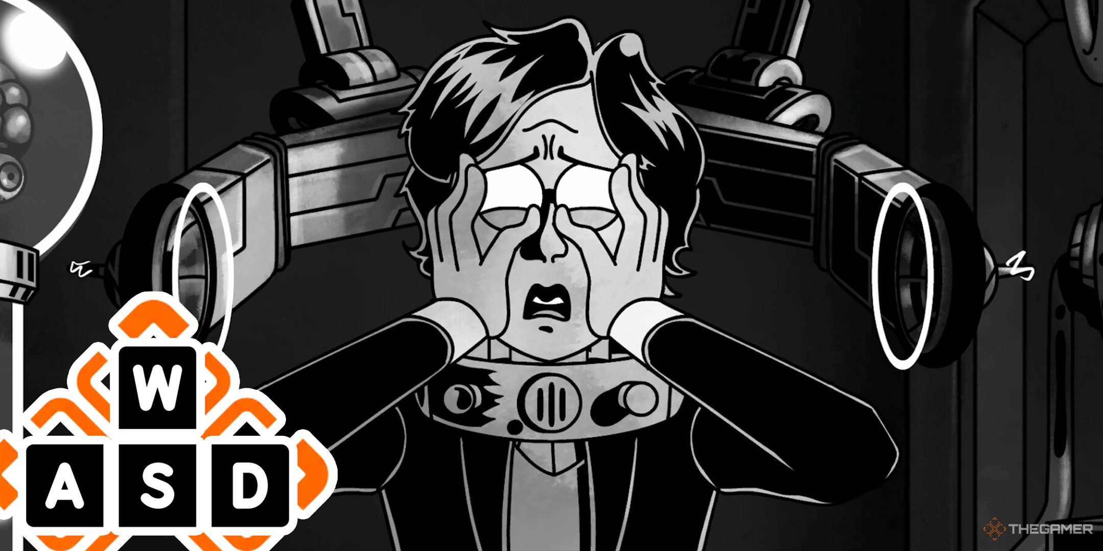 Lucia looking panicked in Dead Meat with the WASD logo in the corner.