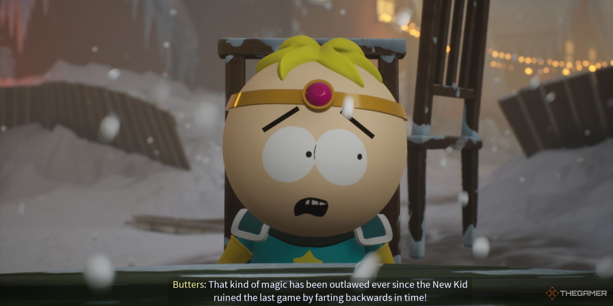 Butters telling his fellas that magic like what caused the blizzard should be banned because of New Kid's time travel fart in the last game.
