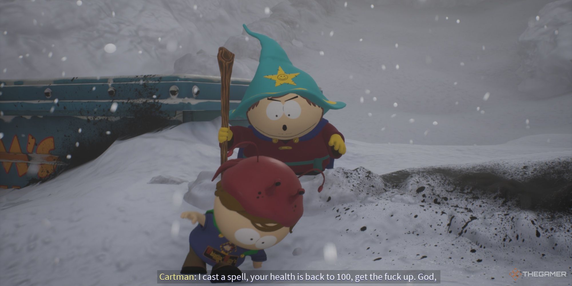 Cartman getting upset and cursing at New Kid, telling them to get up.