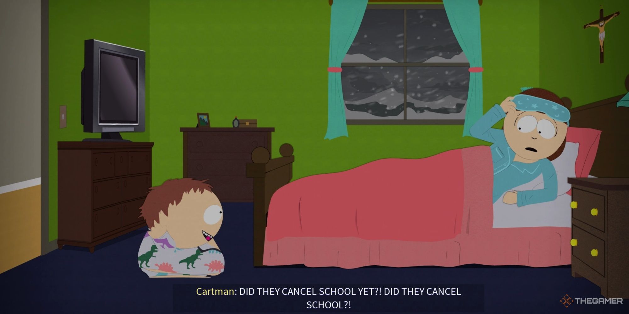 An anxious Cartman waking up his mom shouting about whether school got cancelled due to the blizzard.