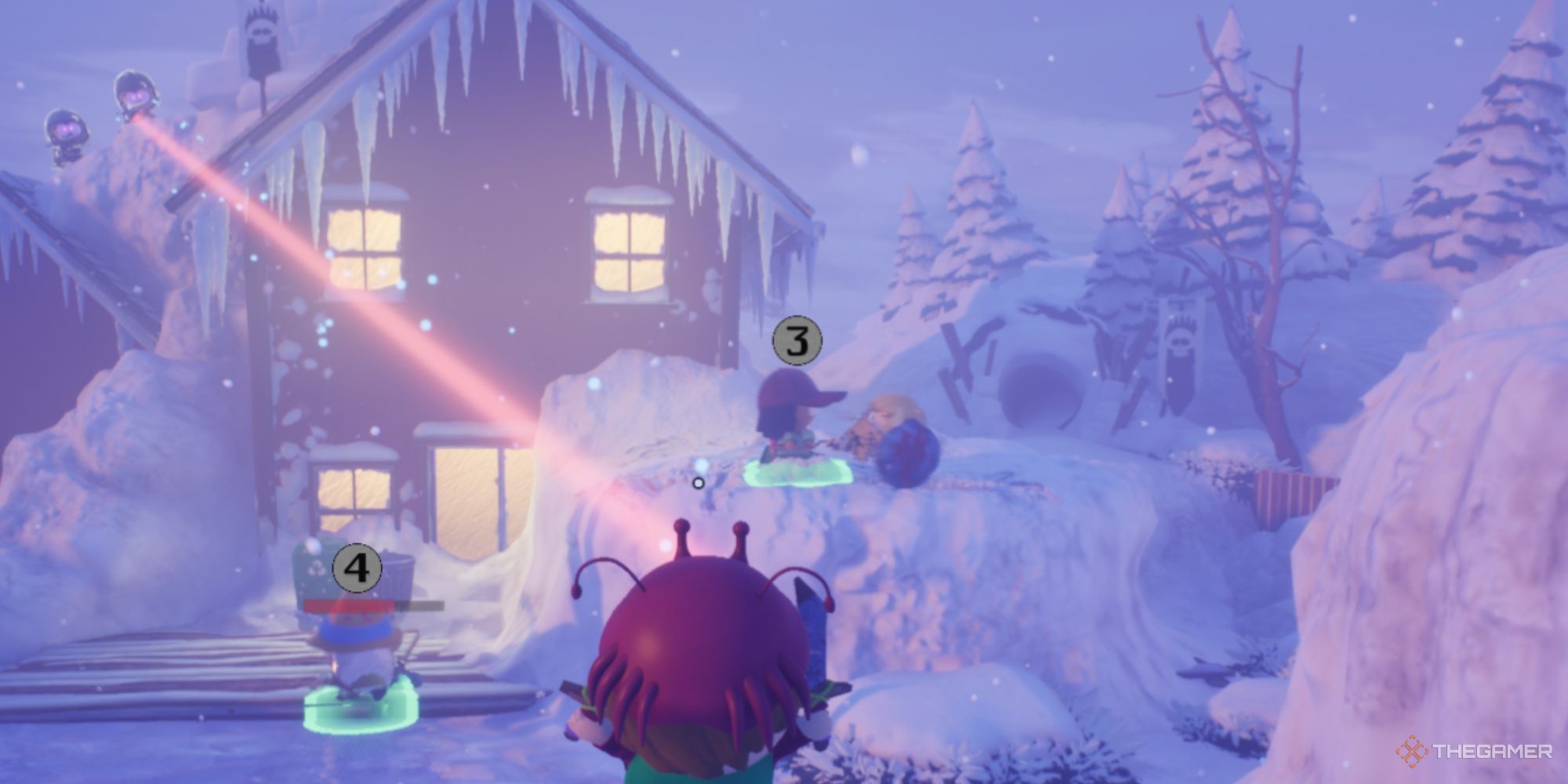 Two Ice Mages on a rooftop, one firing their weapon with a laser sight on New Kid.