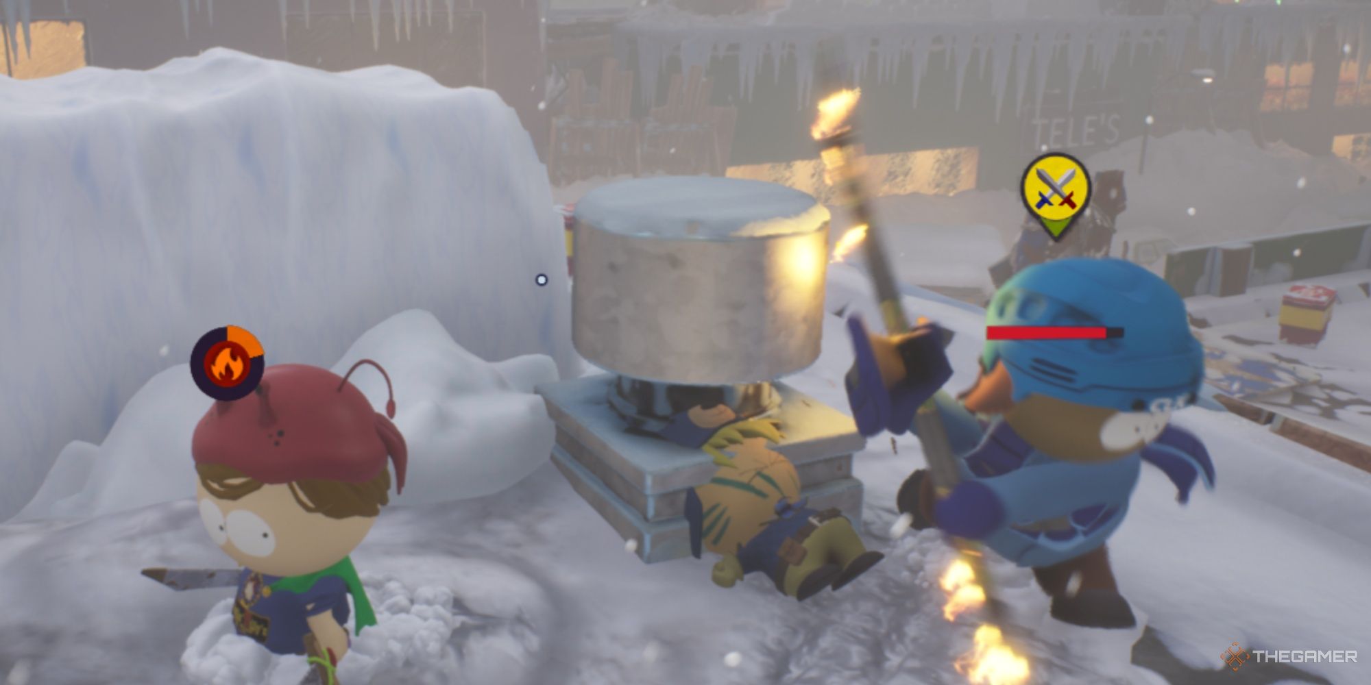 New Kid affected by fire damge from a Sixth Grade enemy in blue hockey gear with a flaming hockey stick on a rooftop.