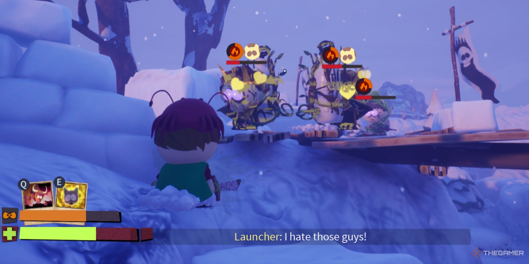 New Kid staring at two Cheesed Out Launcher enemies standing on a platform.