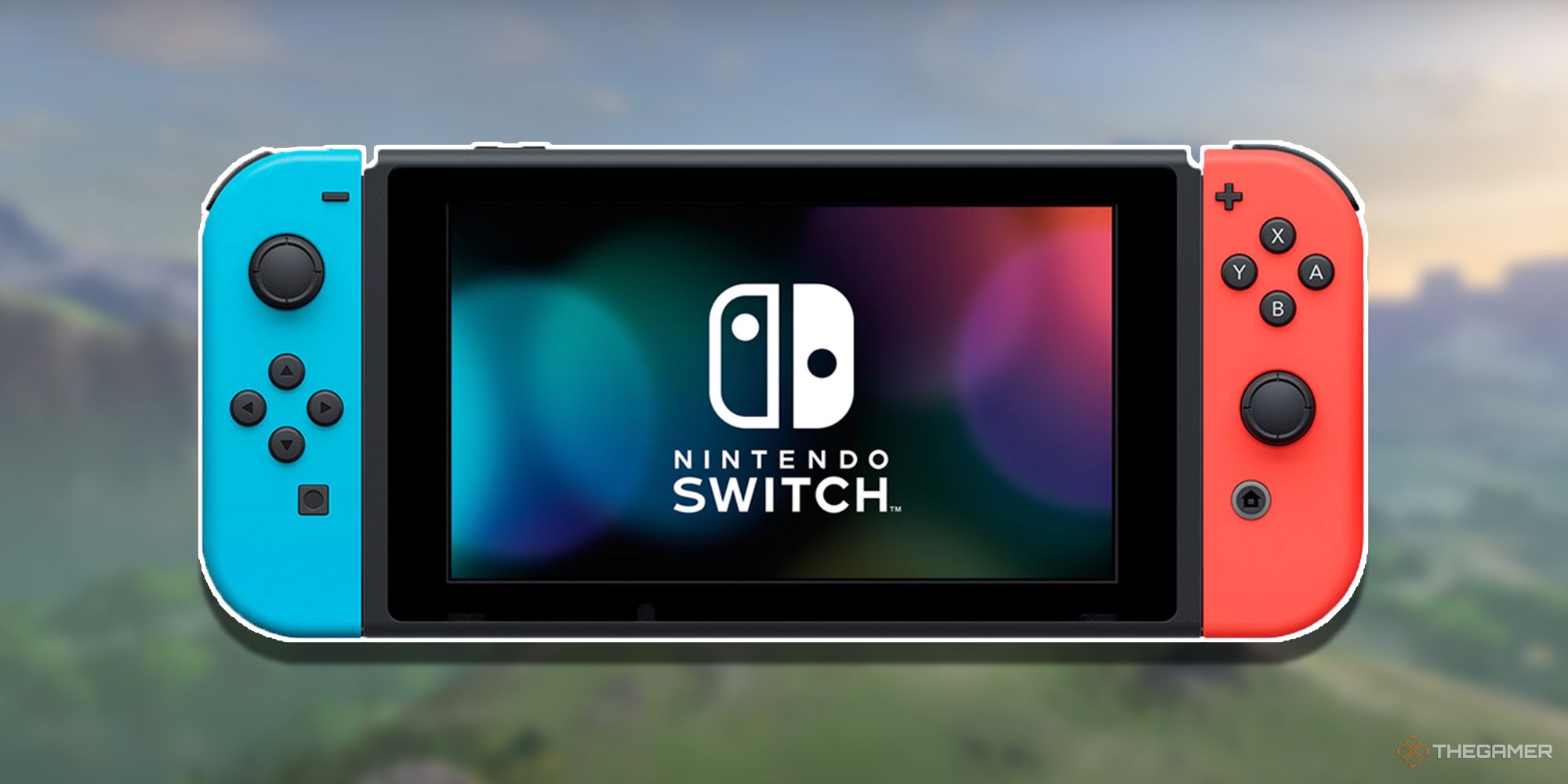 Image of the Nintendo Switch with The Legend of Zelda: Breath of the Wild in the background.