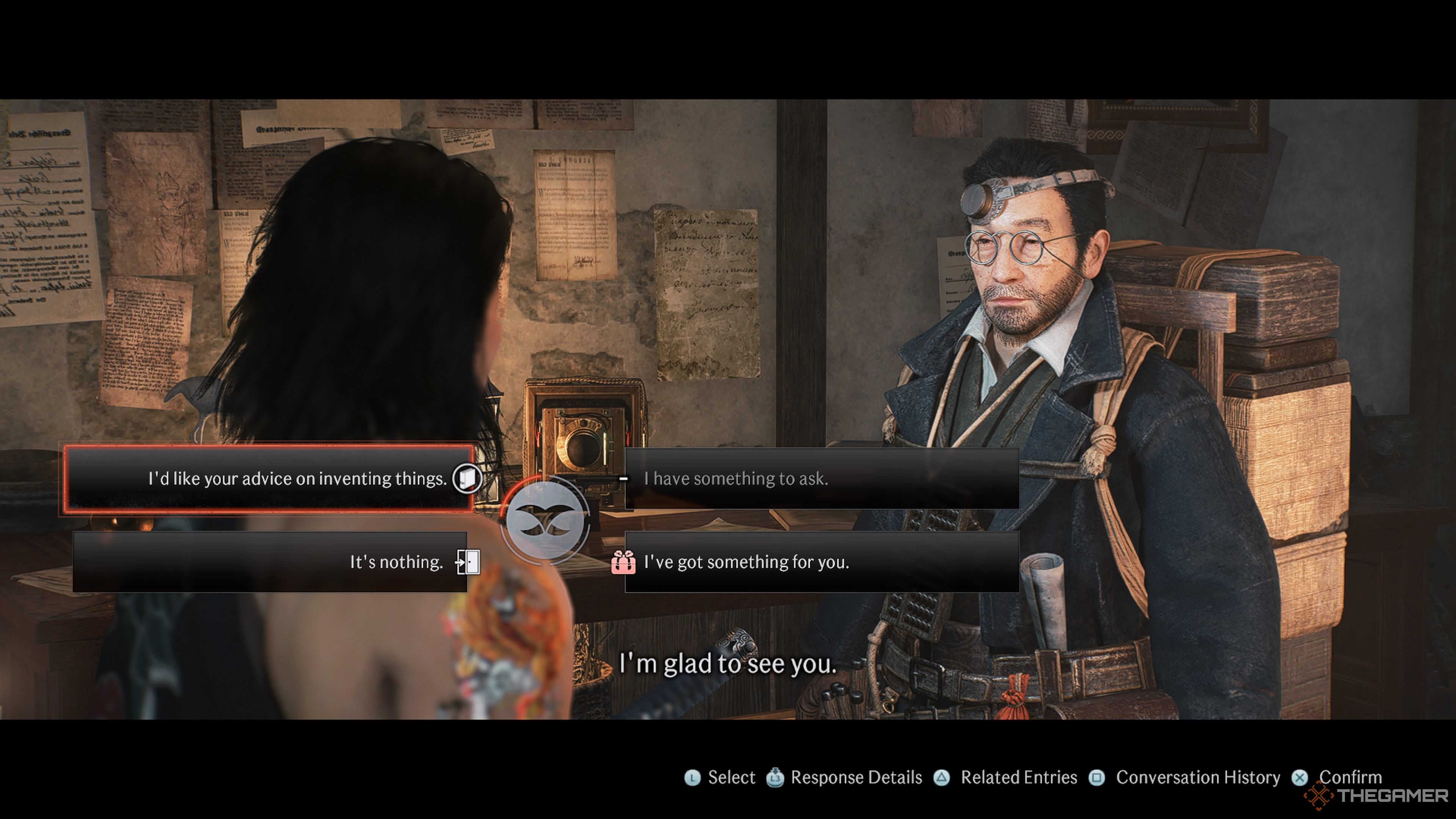 The protagonist asks Igashichi Iizuka to offer technology advice during a conversation in the inventor's office in Rise Of The Ronin.