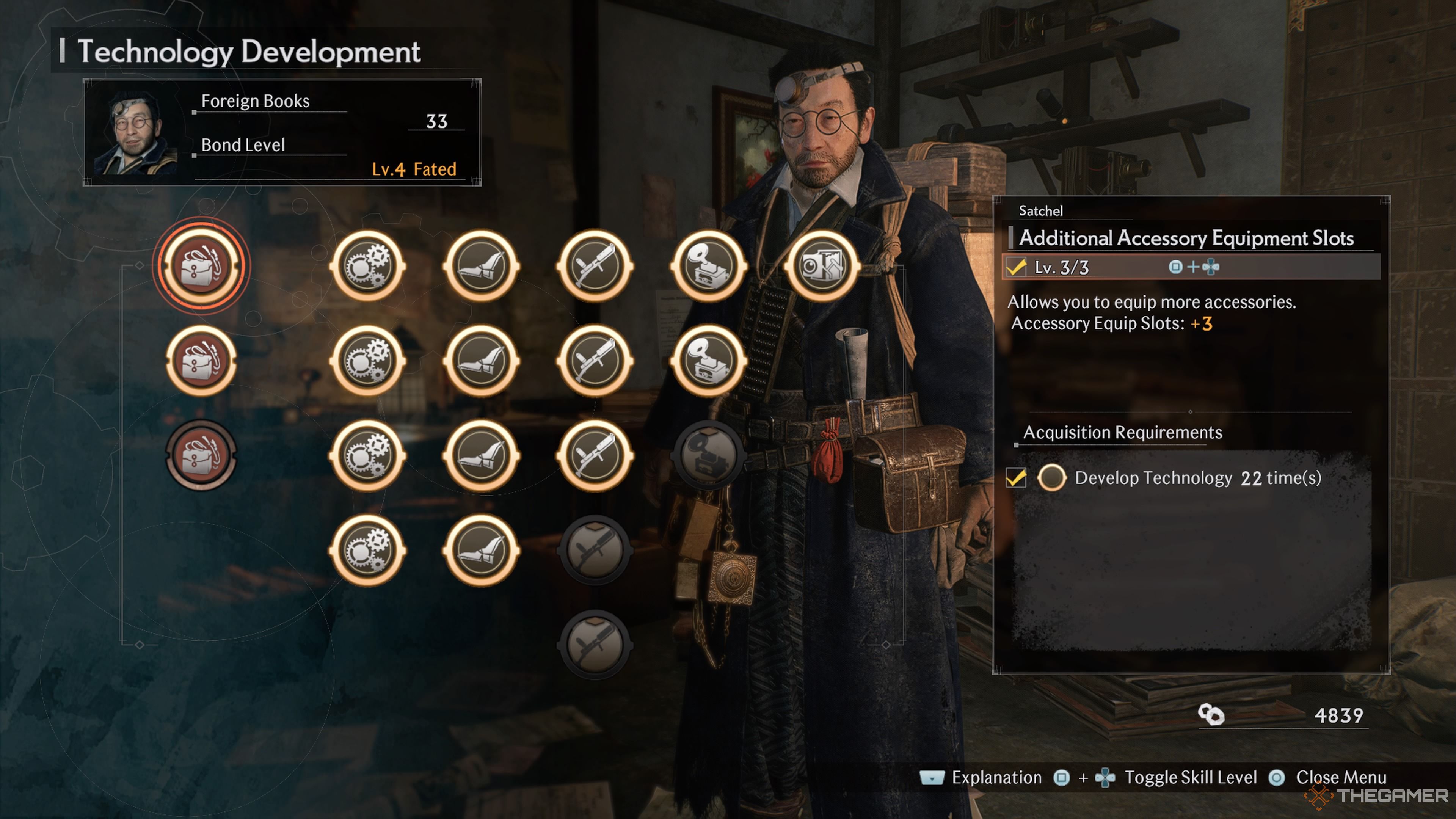 The Technology Development tree from Rise Of The Ronin. One of the satchel development slots is highlighted.