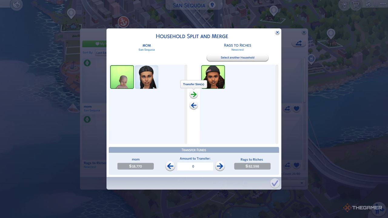 A newborn is moved to a new household in Sims 4