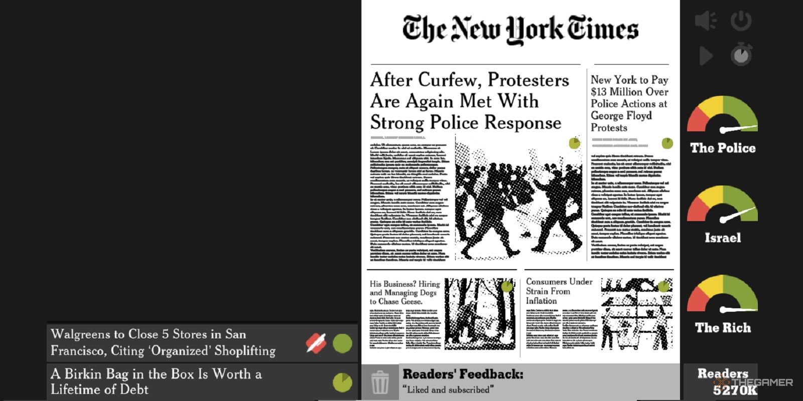the new york times simulator screenshot with headlines