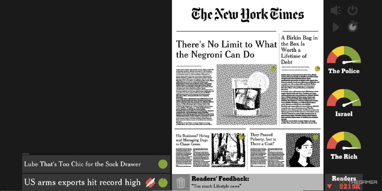 the new york times simulator screenshot with lifestyle headlines and declining readership