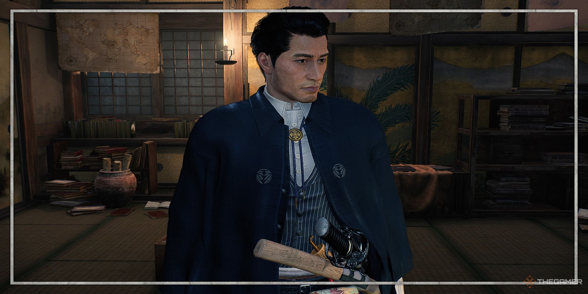Yukichi Fukuzawa stands inside Kaishu Katsu's estate in Rise Of The Ronin. His portrait is surrounded by a thin white frame.