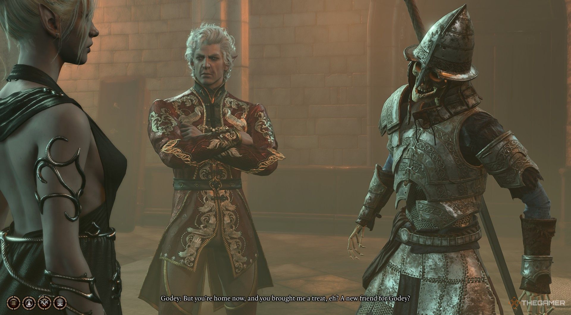 Astarion crosses his arms as Godey inspects the player menacingly in Baldur's Gate 3.