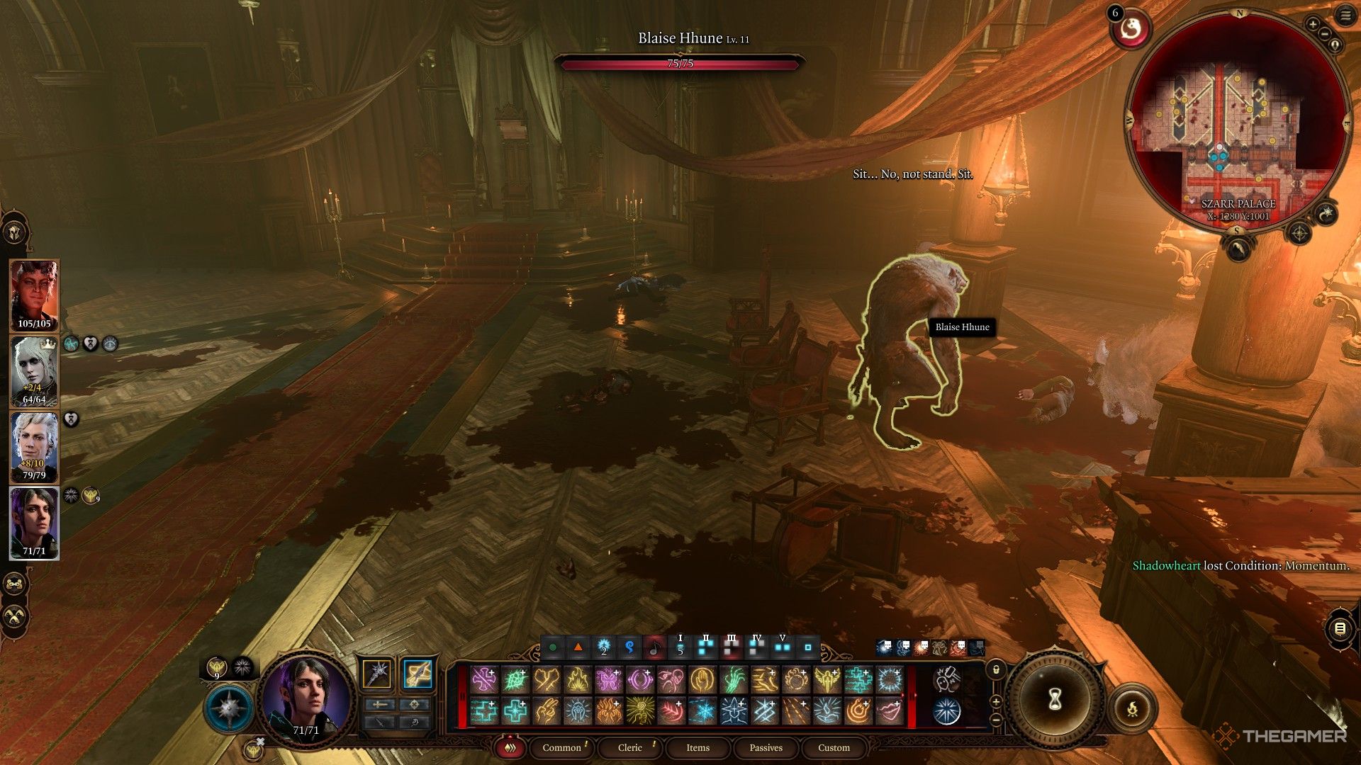 Shadowheart spies a werewolf feasting on a corpse in the Szarr Palace Ballroom after opening the Sinister Door in Baldur's Gate 3.