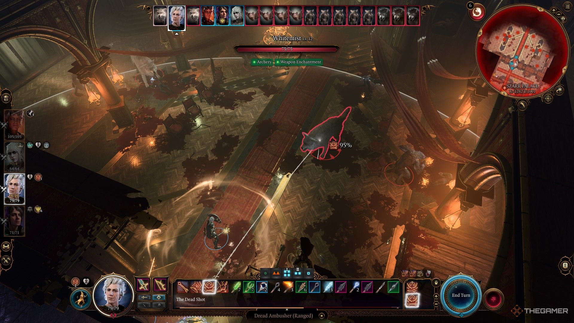 Astarion prepares to shoot an enemy wolf in the Szarr Ballroom in Baldur's Gate 3.