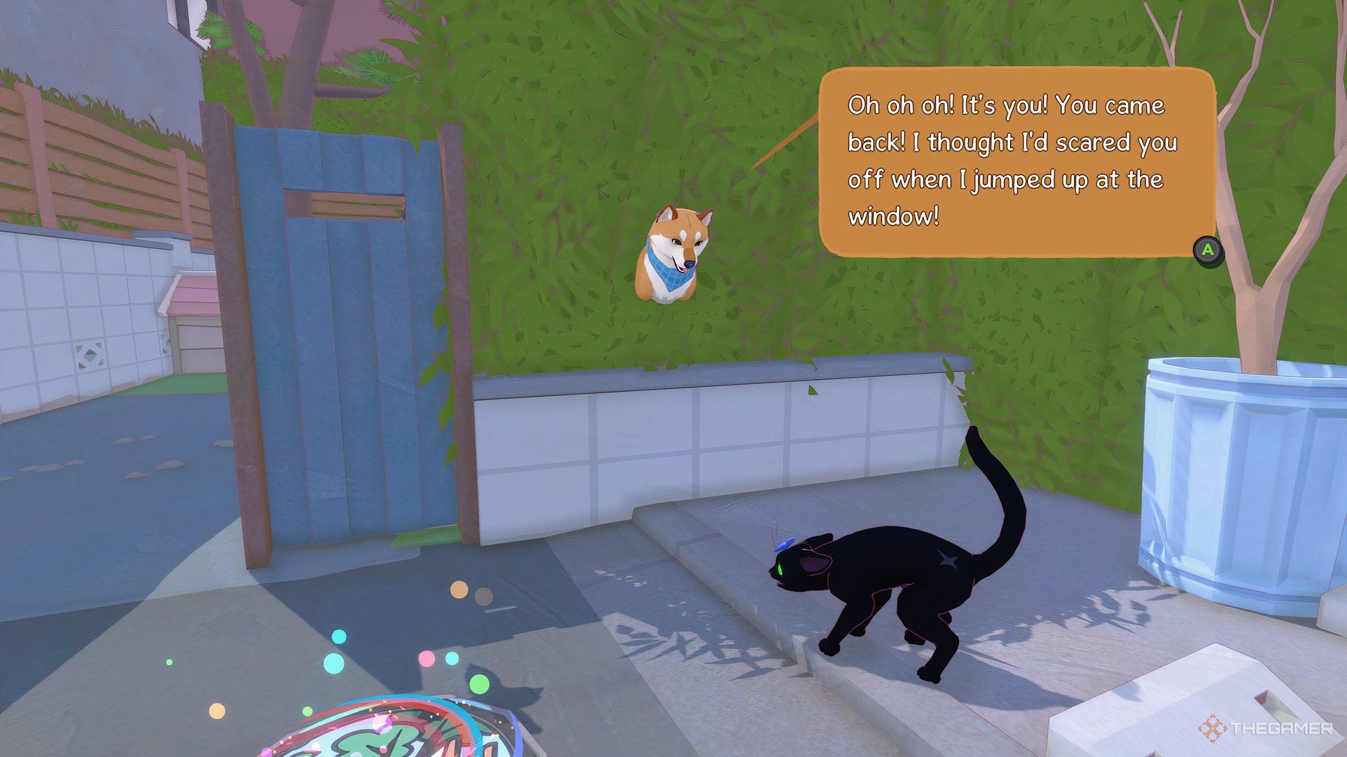 Meeting dog after coming through the Petwork, dog is talking to you through the bush, cat is scared in Little Kitty, Big City.