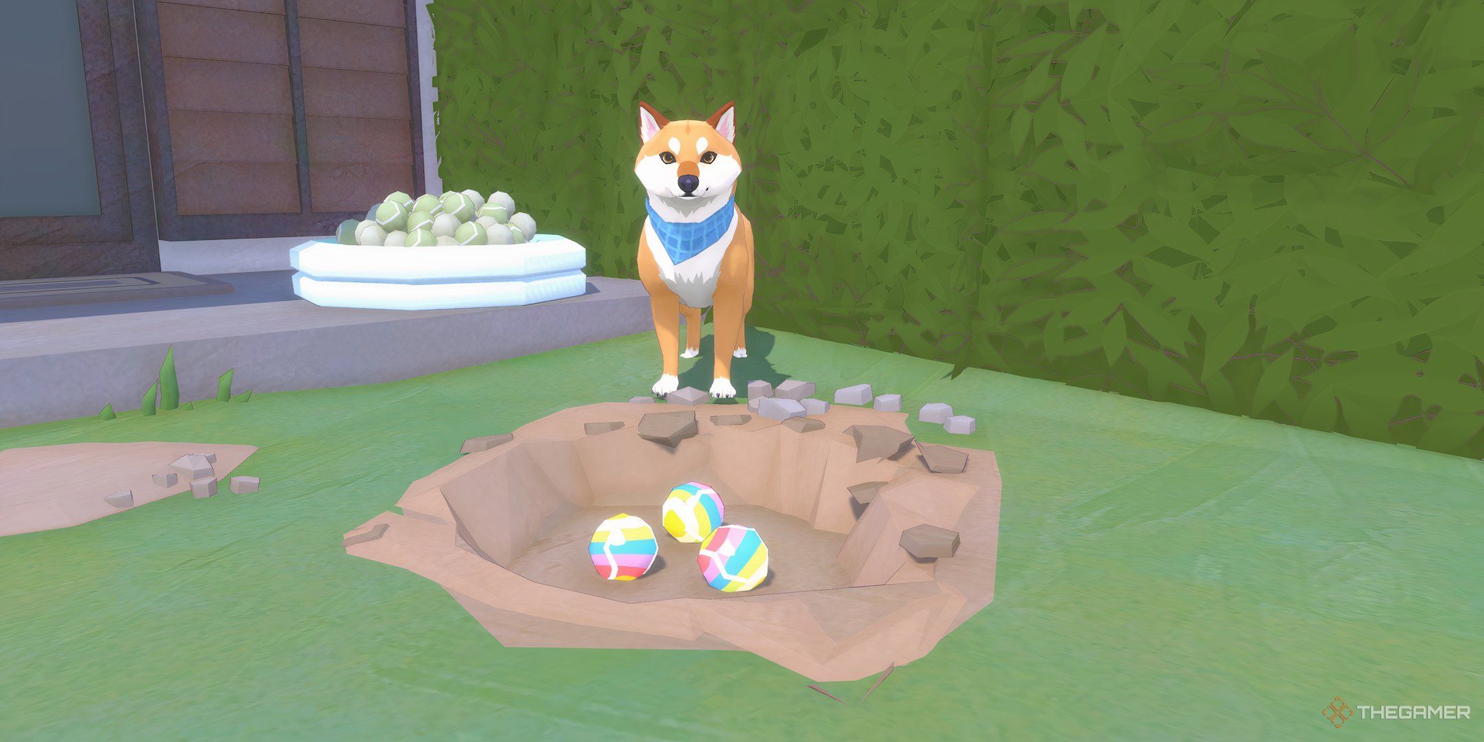 Dog standing behind the hole with his favorite rainbow-striped tennis balls in the hole in Little Kitty, Big City.