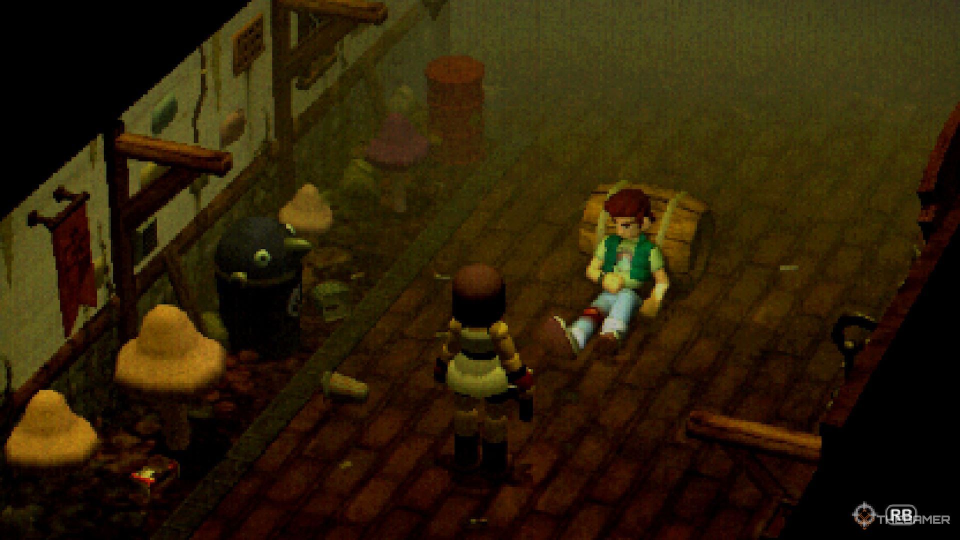A player standing near an injured Arthur laying near a barrel in Fairytale Town in Crow Country.