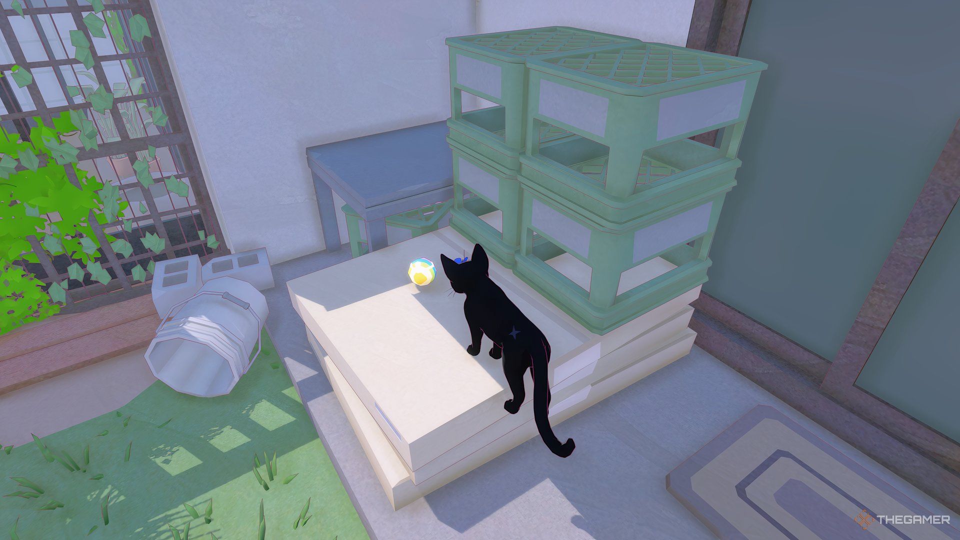 Finding the first ball on boxes after removing the bucket that was on top of it in Little Kitty, Big City.
