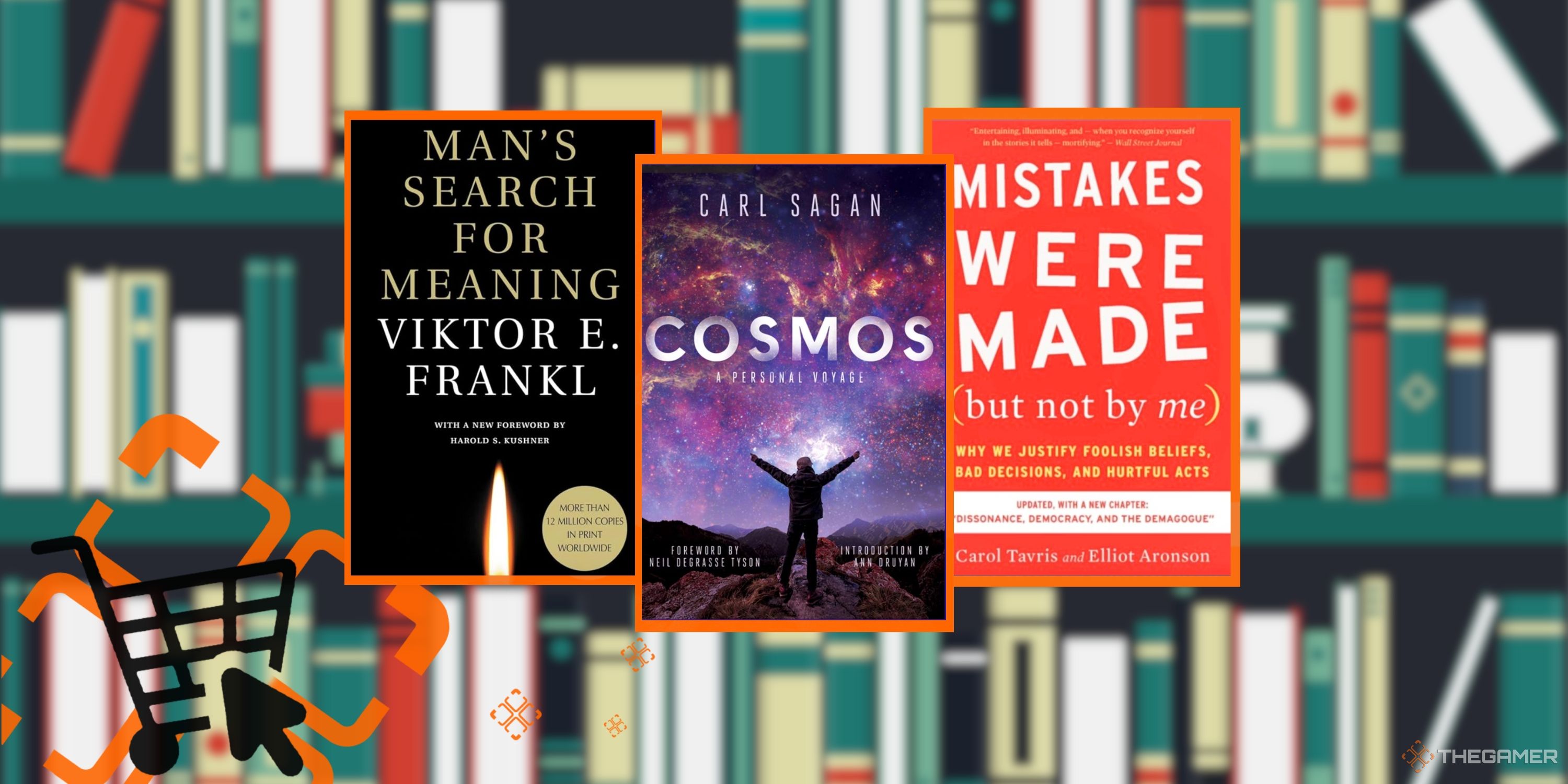 Collage image featuring three books (Man's Search For Meaning, Cosmos, Mistakes Were Made) overlaying a bookshelf graphic image background