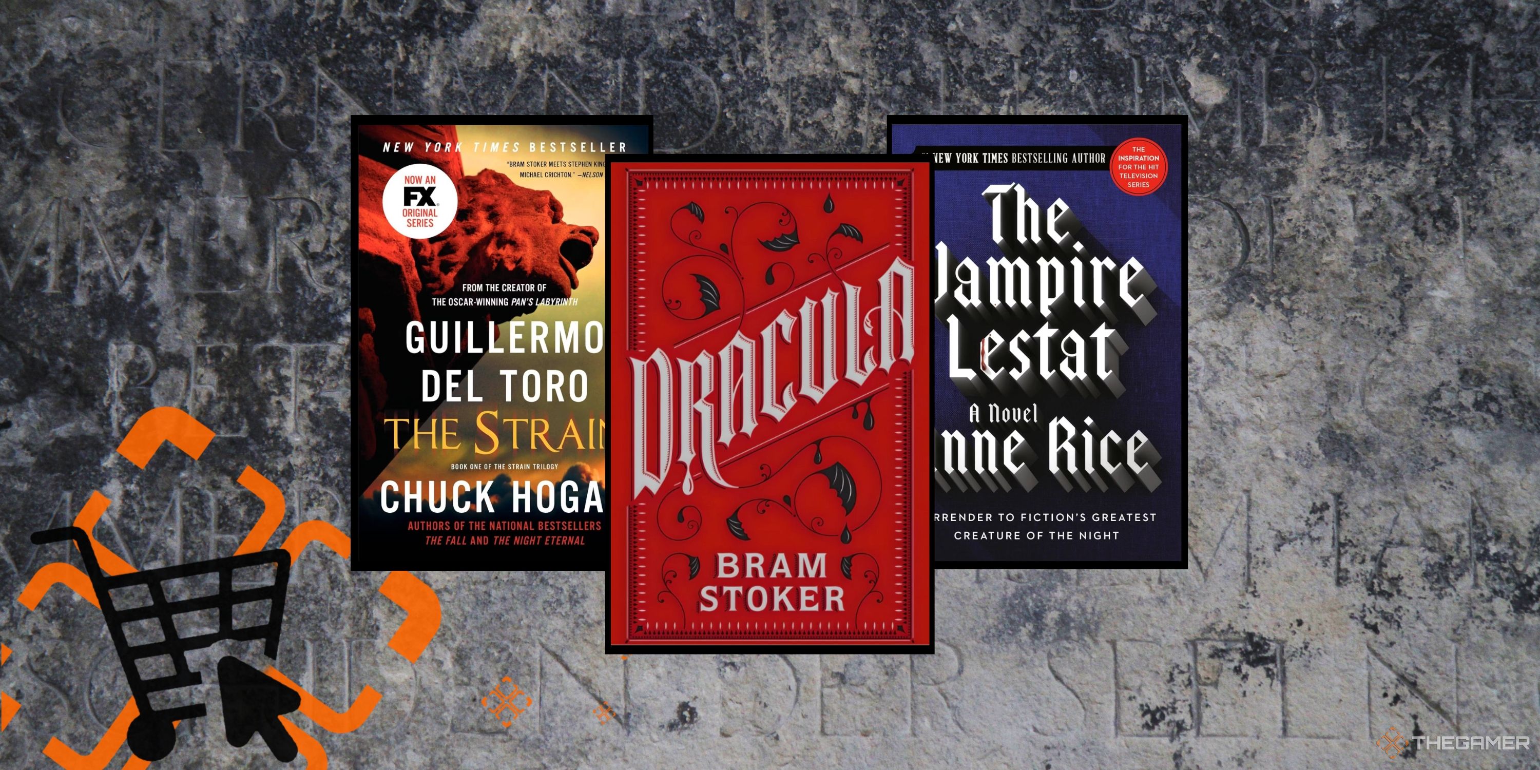 Collage of three novels (The Strain, Dracula, The Vampire Lestat) overlayed a tombstone background